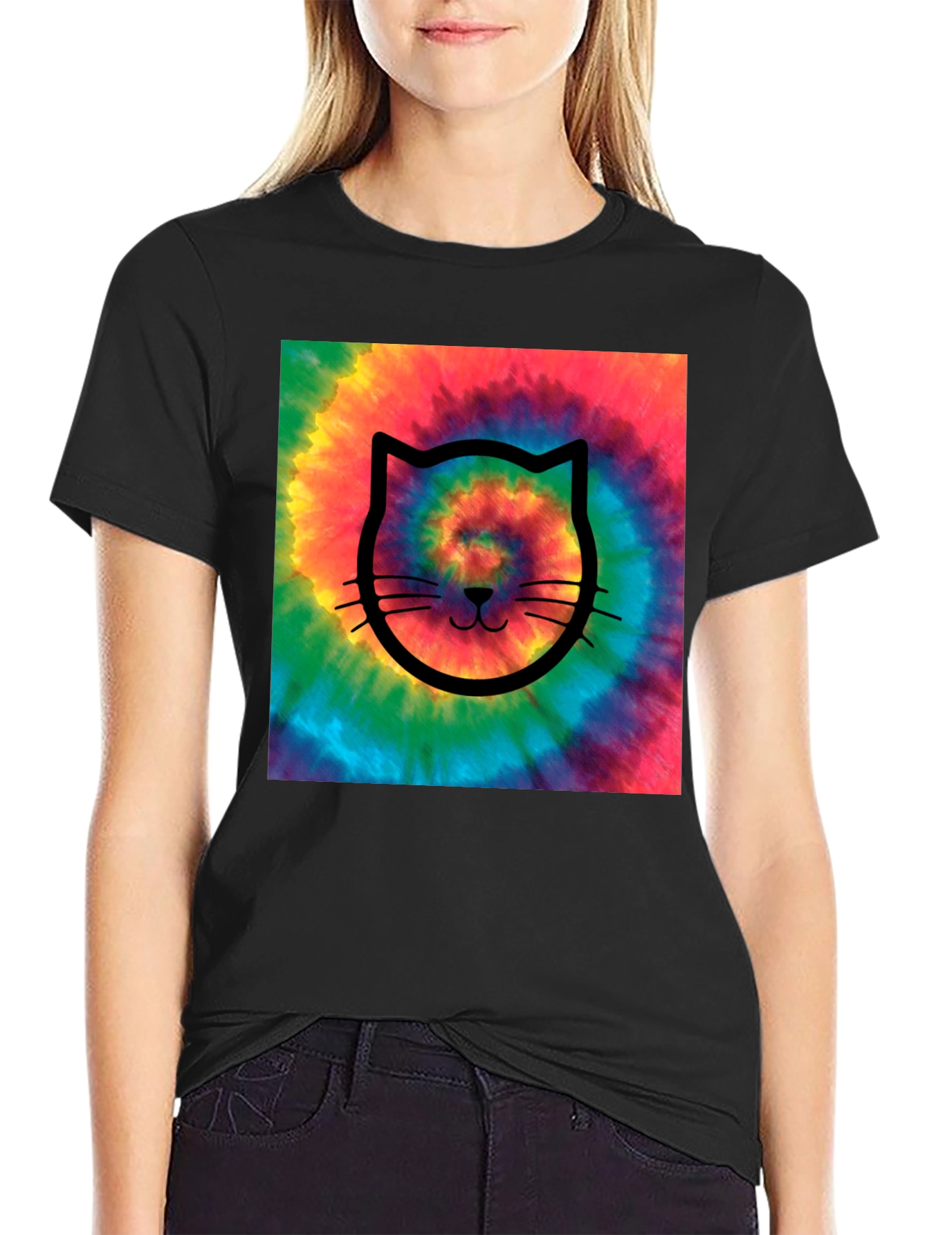 Tie-Dye Cat Graphic Tee - Black Cotton Comfort