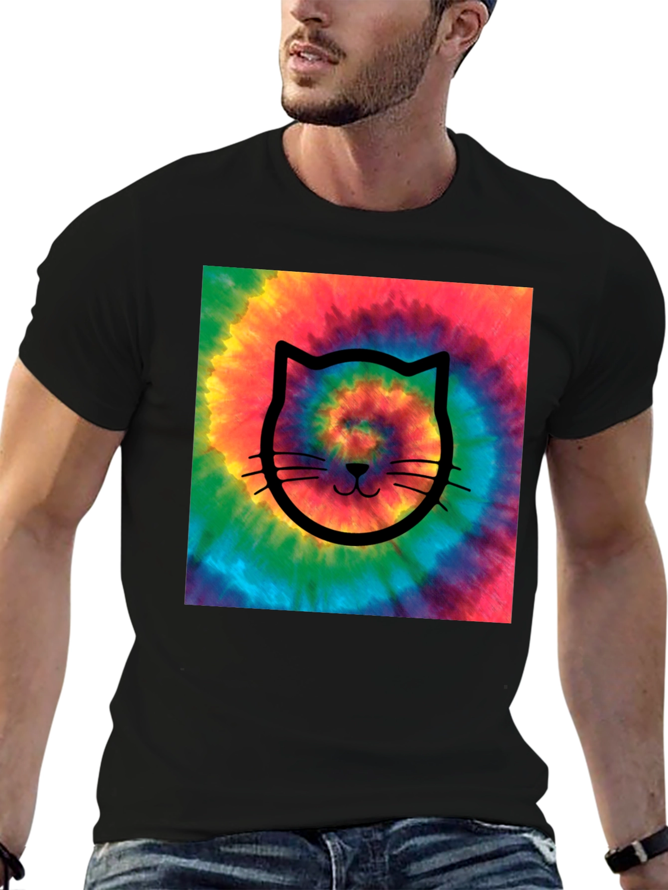 Tie-Dye Cat Graphic Tee - Black Cotton Comfort