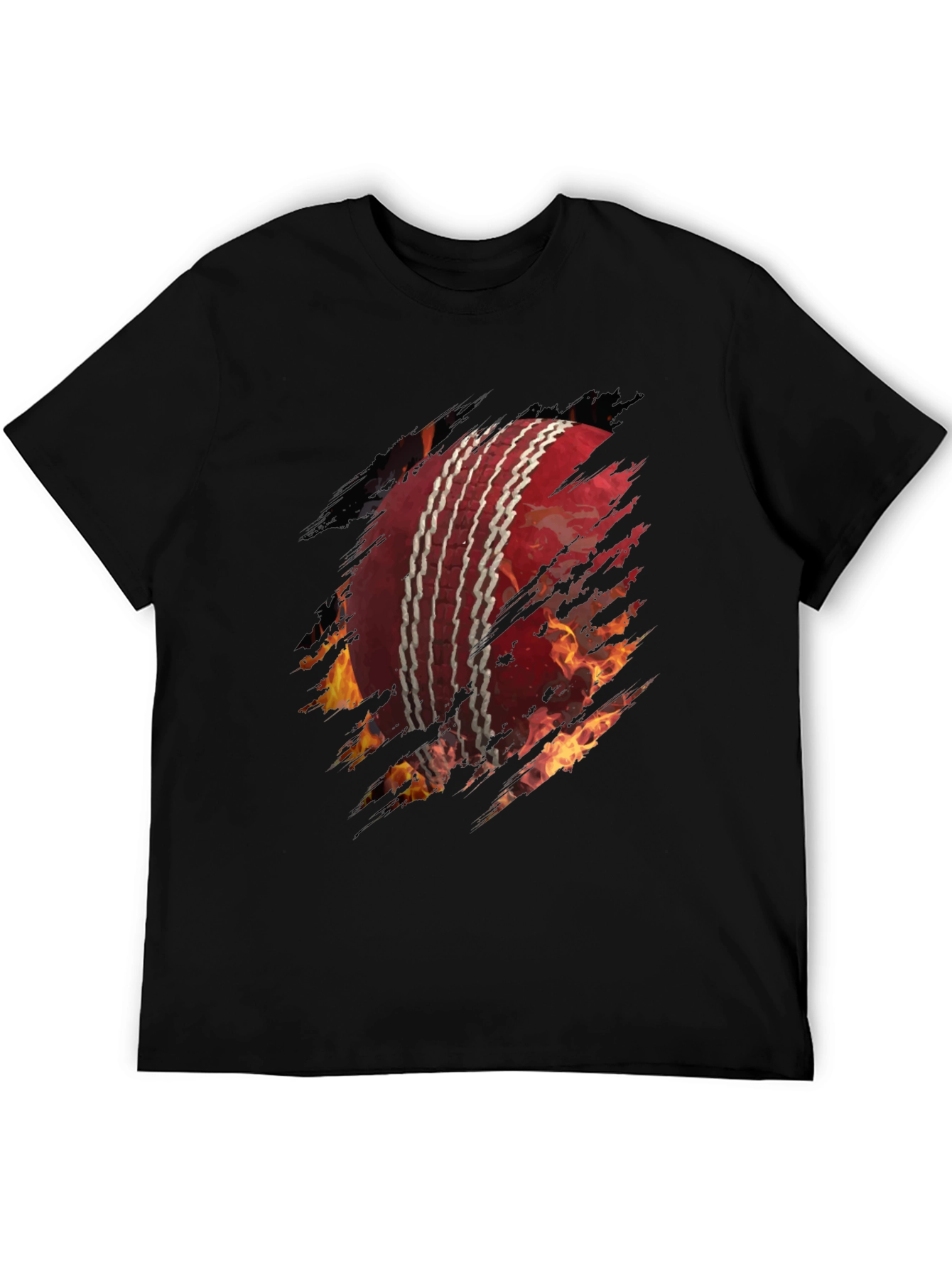 Fiery Cricket Ball Graphic Tee - Black Cotton T-Shirt