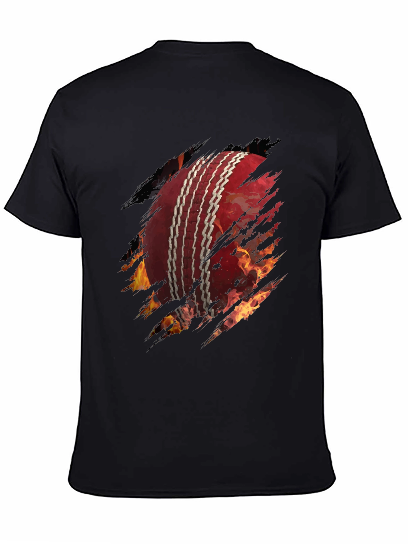Fiery Cricket Ball Graphic Tee - Black Cotton T-Shirt