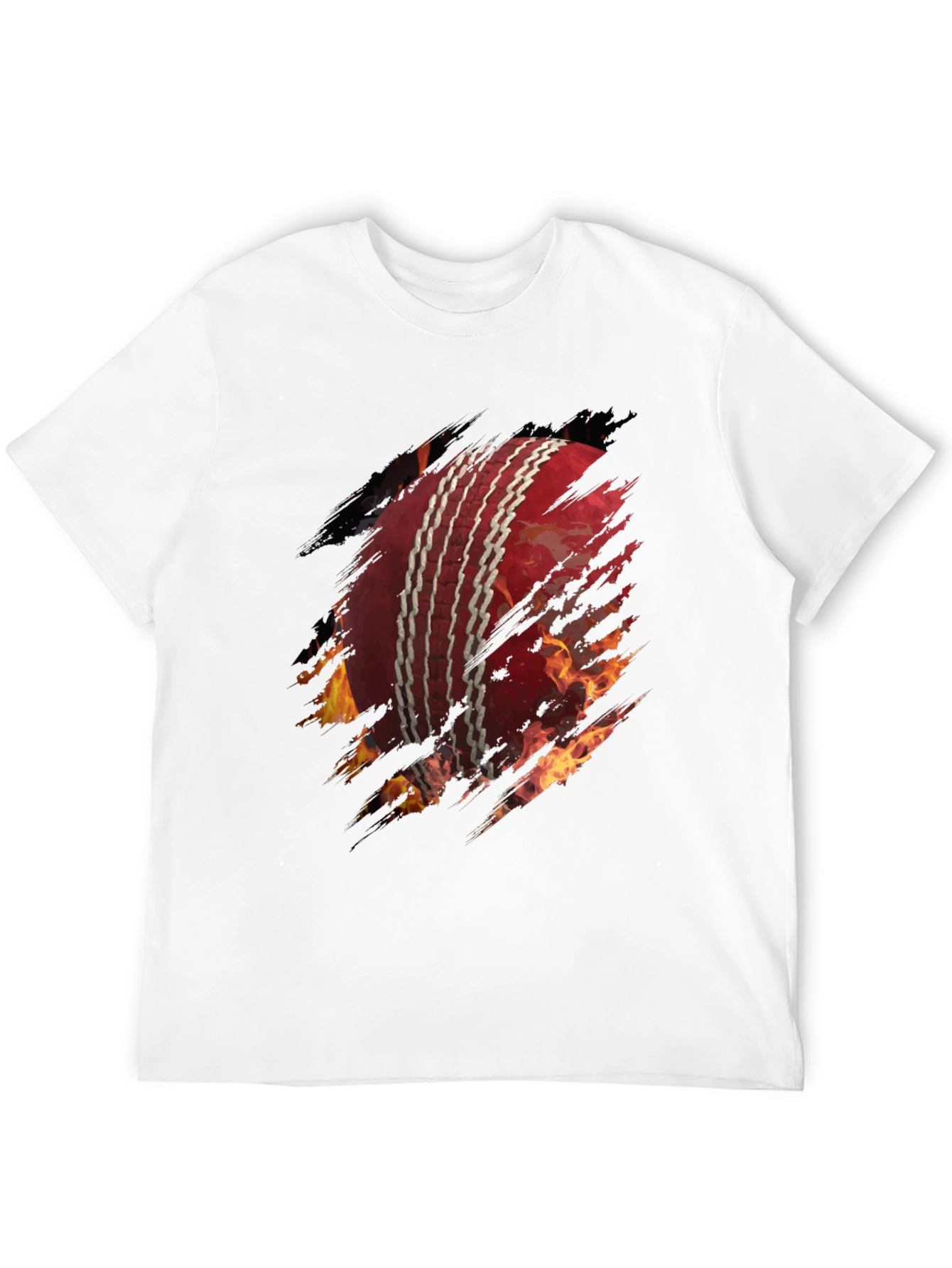 Fiery Cricket Ball Graphic Tee - Black Cotton T-Shirt