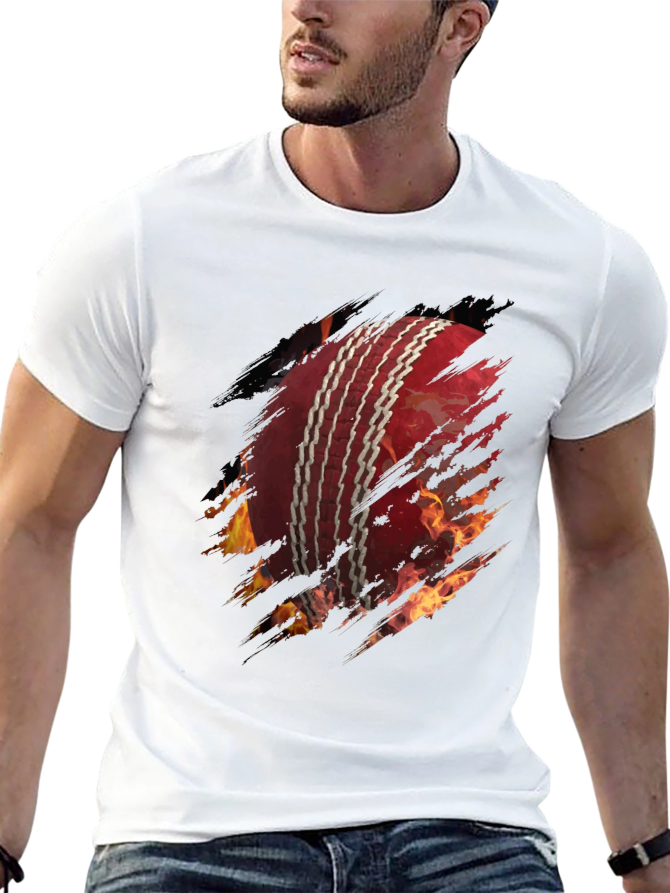 Fiery Cricket Ball Graphic Tee - Black Cotton T-Shirt
