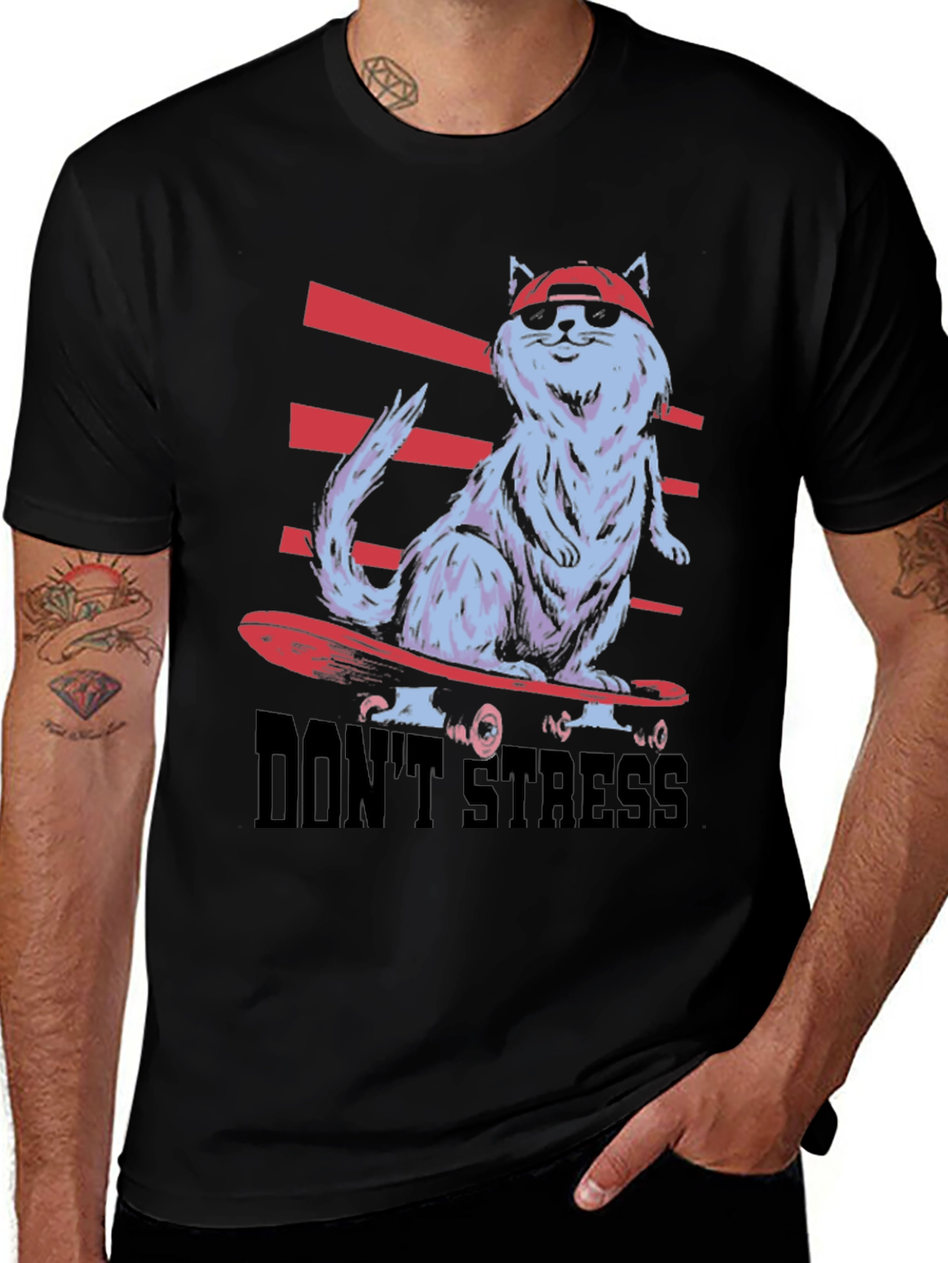 Cool Cat Skateboard T-Shirt - Dont Stress