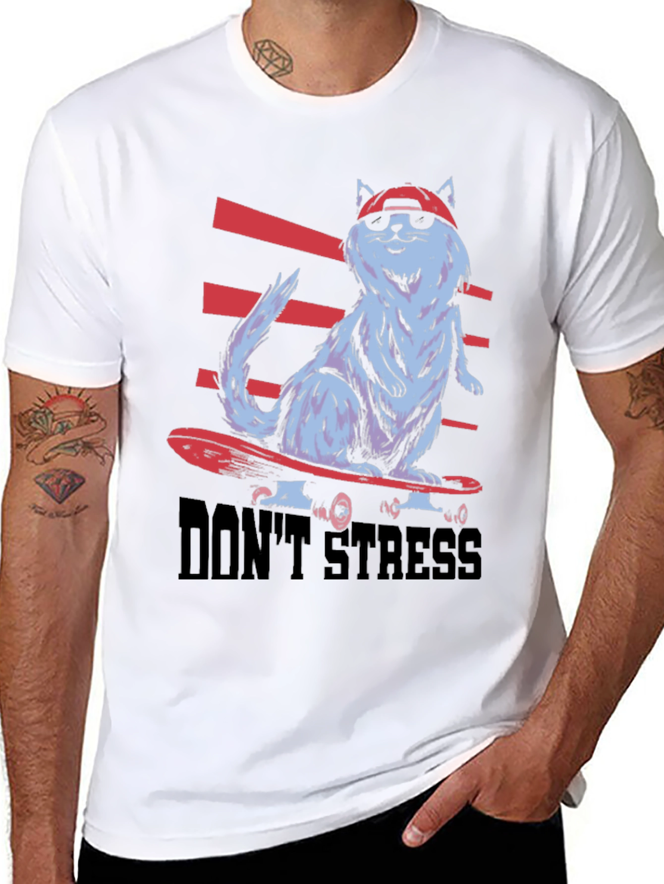 Cool Cat Skateboard T-Shirt - Dont Stress