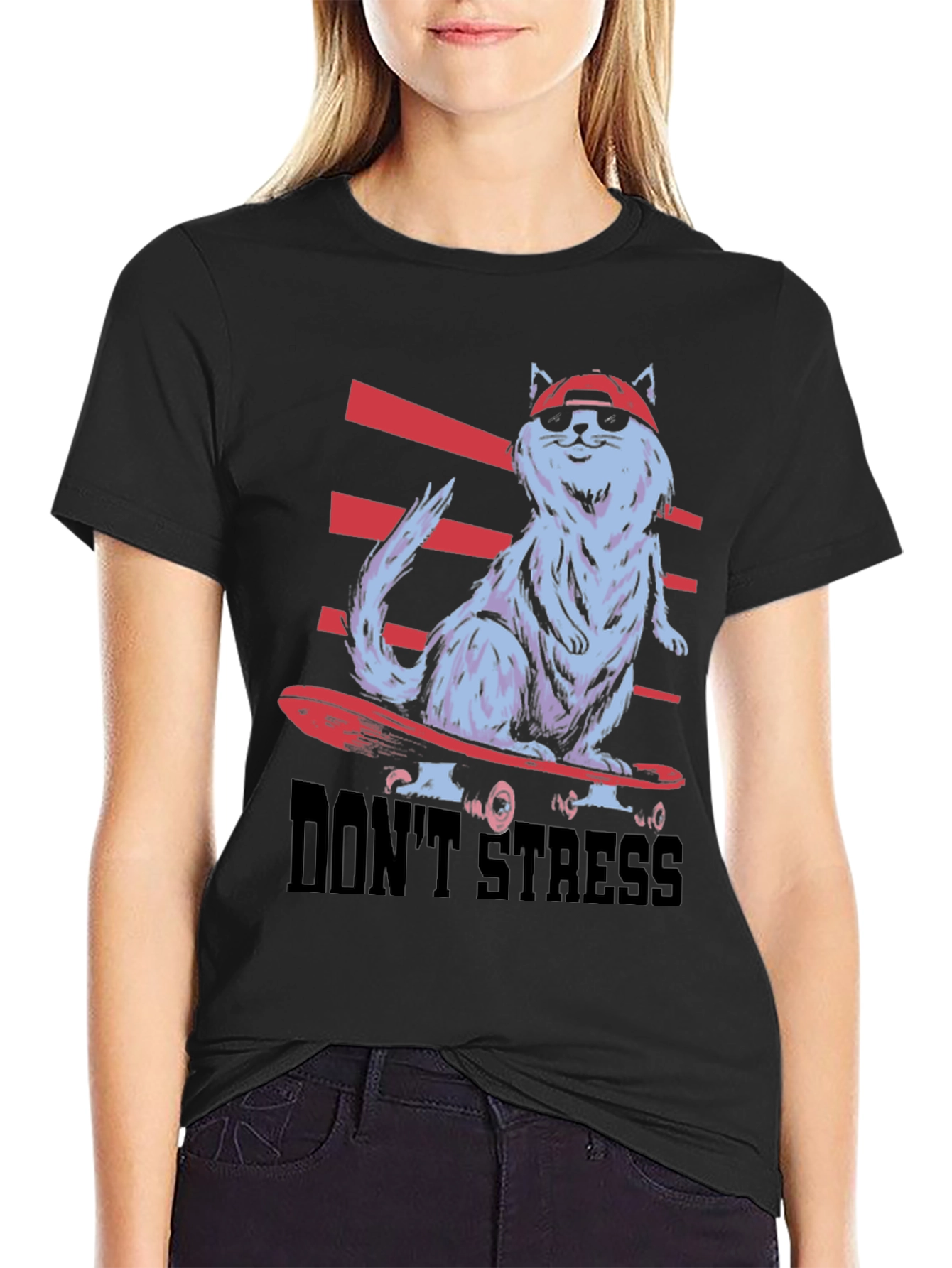 Cool Cat Skateboard T-Shirt - Dont Stress