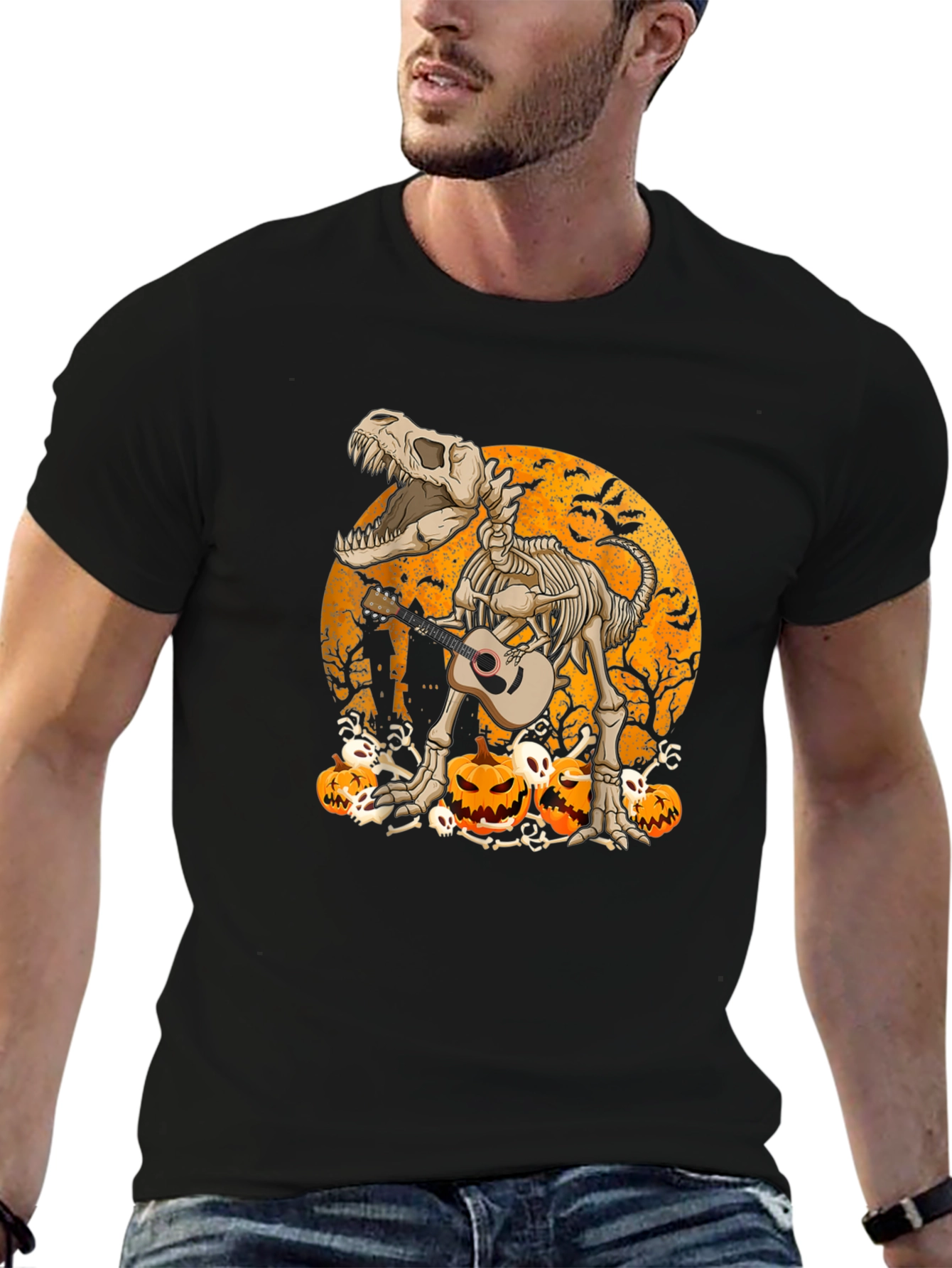Dino Skeleton Halloween Guitar T-Shirt