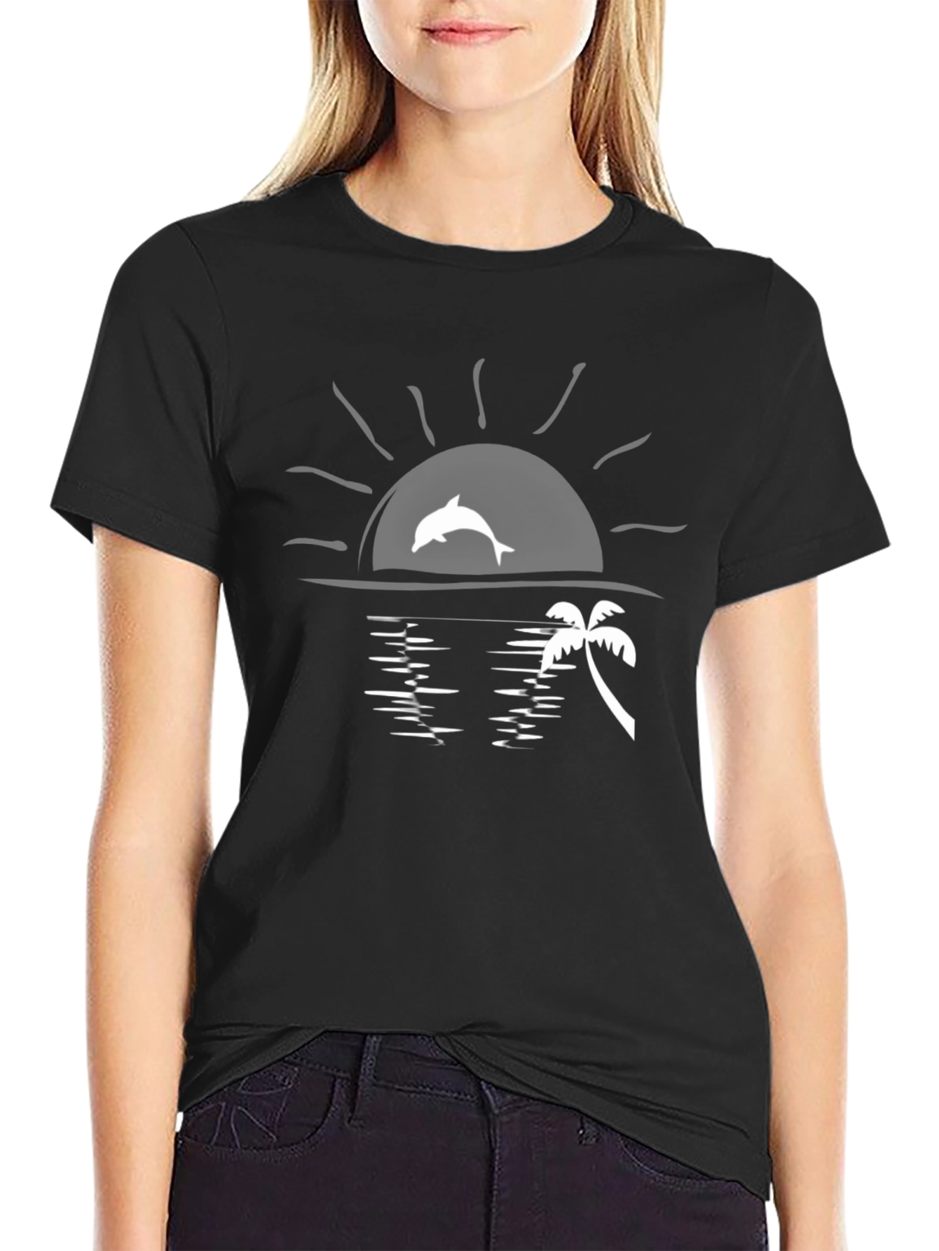 Sunset Dolphin Graphic Tee - Black