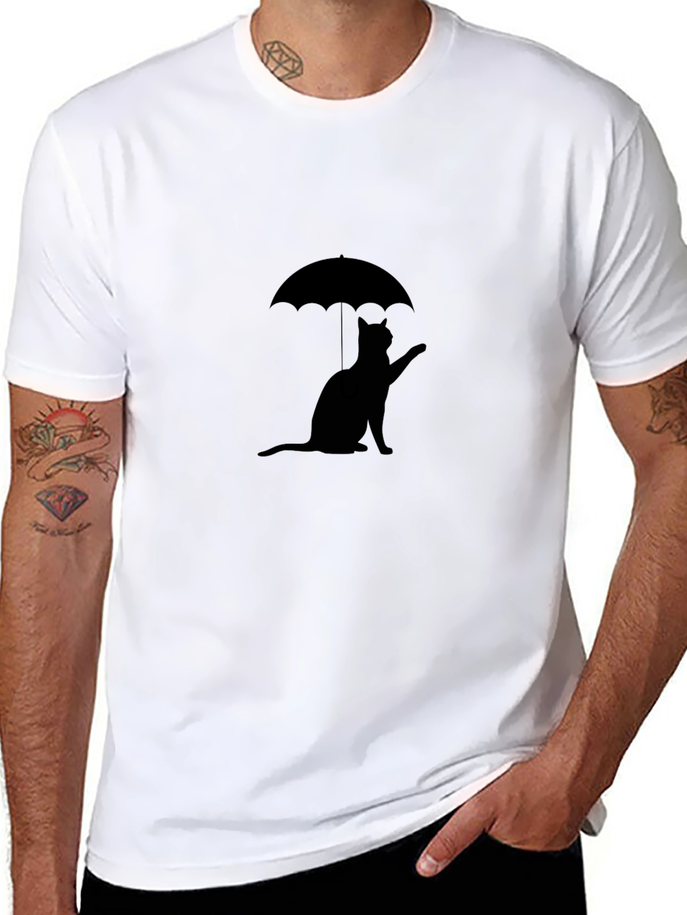 Cat Under Umbrella Black T-Shirt
