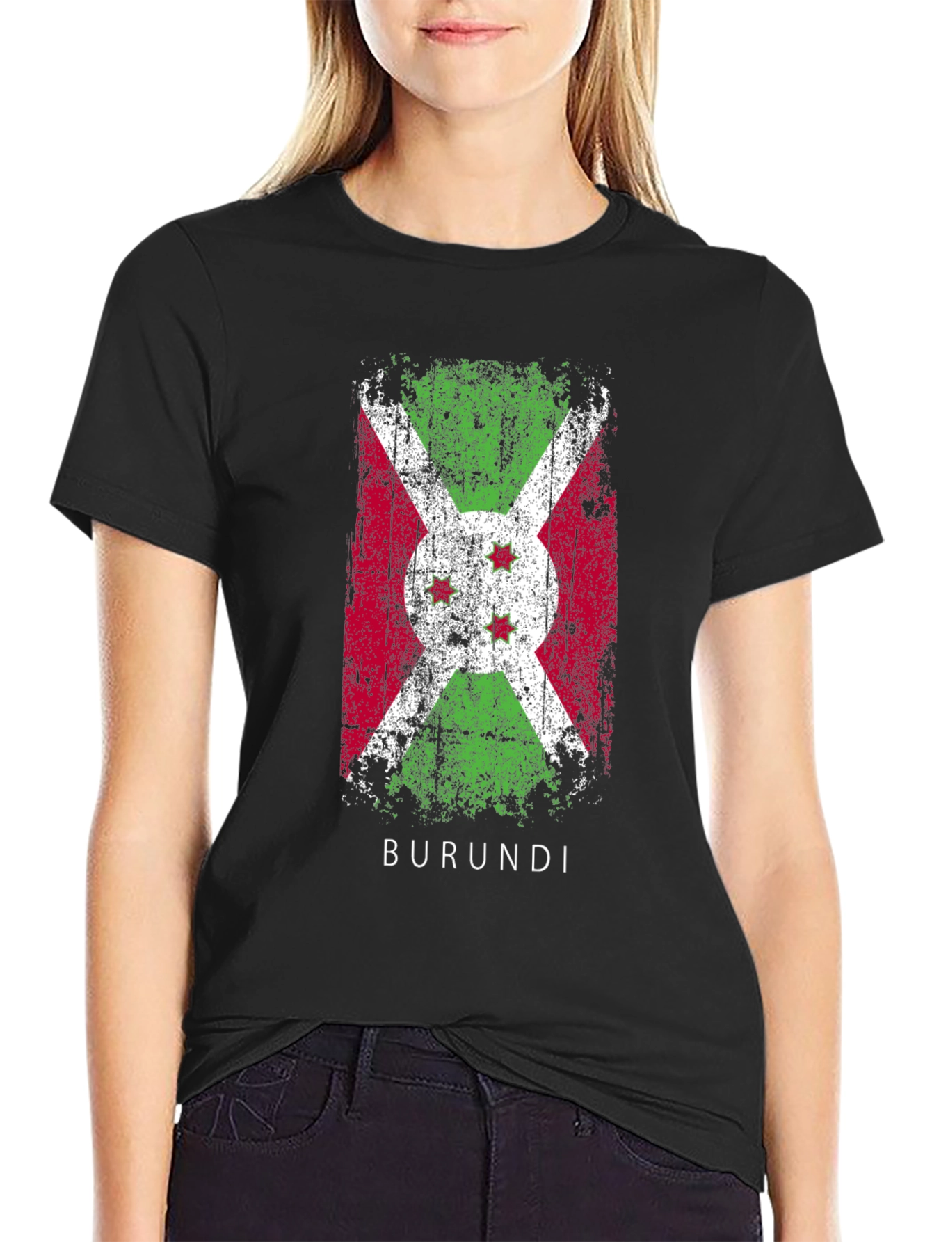 Burundi Flag T-Shirt Distressed Style Mens Black Tee