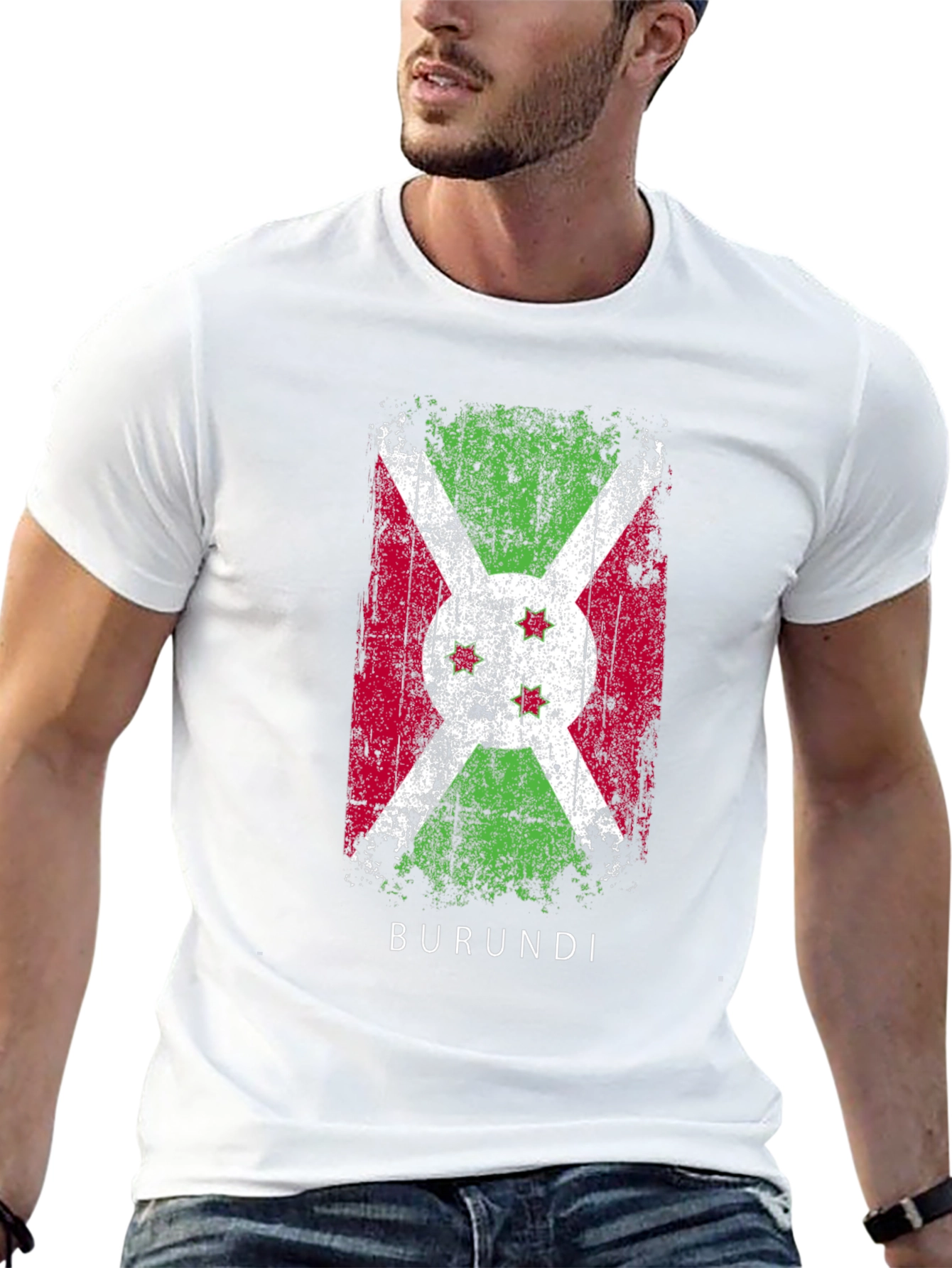 Burundi Flag T-Shirt Distressed Style Mens Black Tee