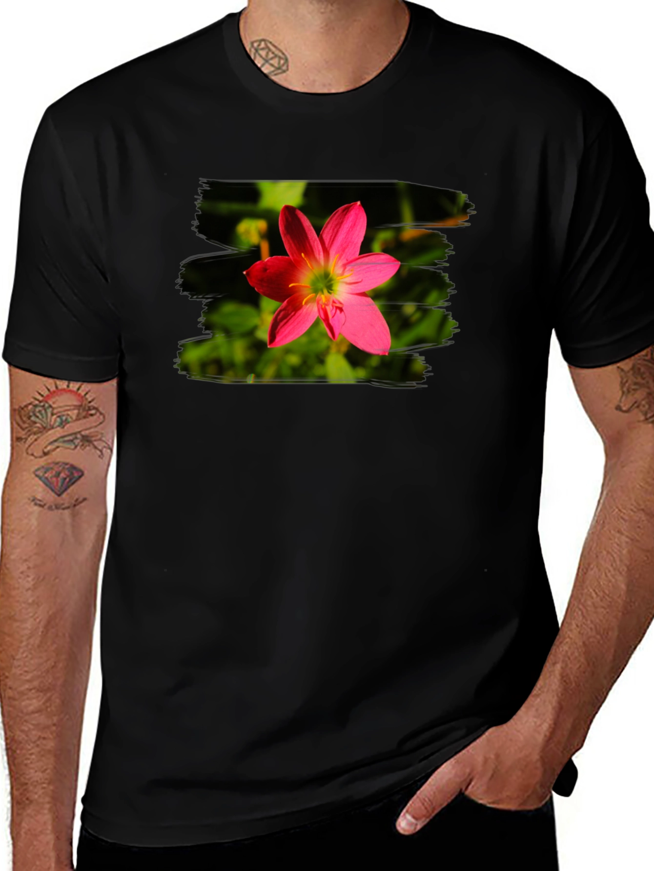 Pink Flower Graphic Tee - Stylish Mens Black T-Shirt