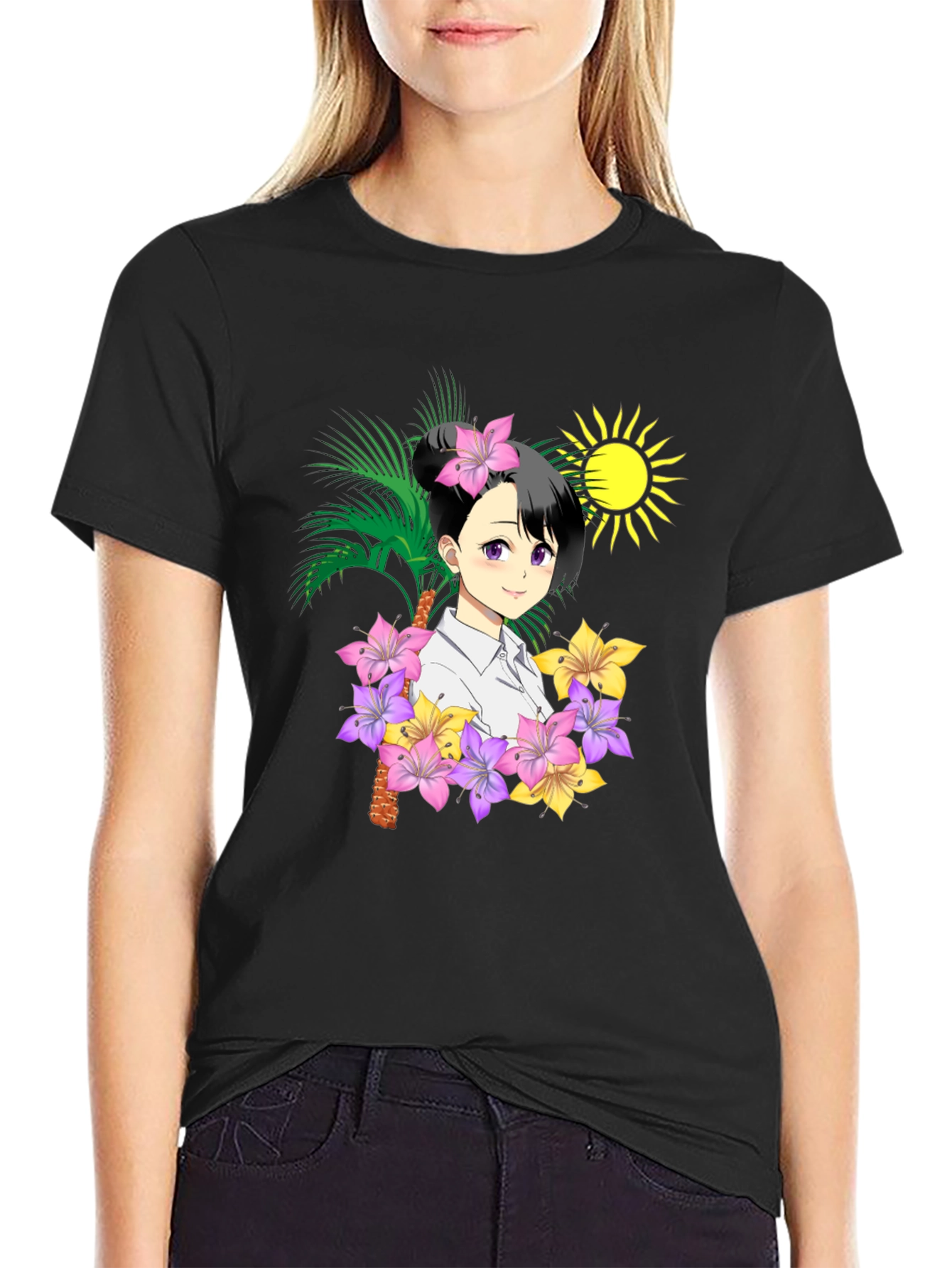 Anime Girl Hawaiian Shirt Black T-Shirt
