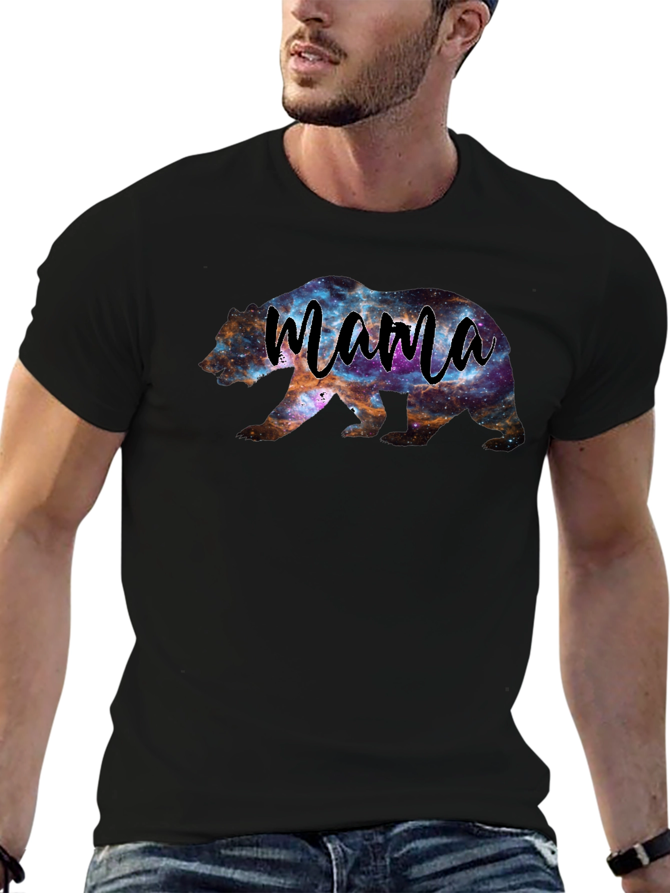 Mama Bear Galaxy Print Black T-Shirt