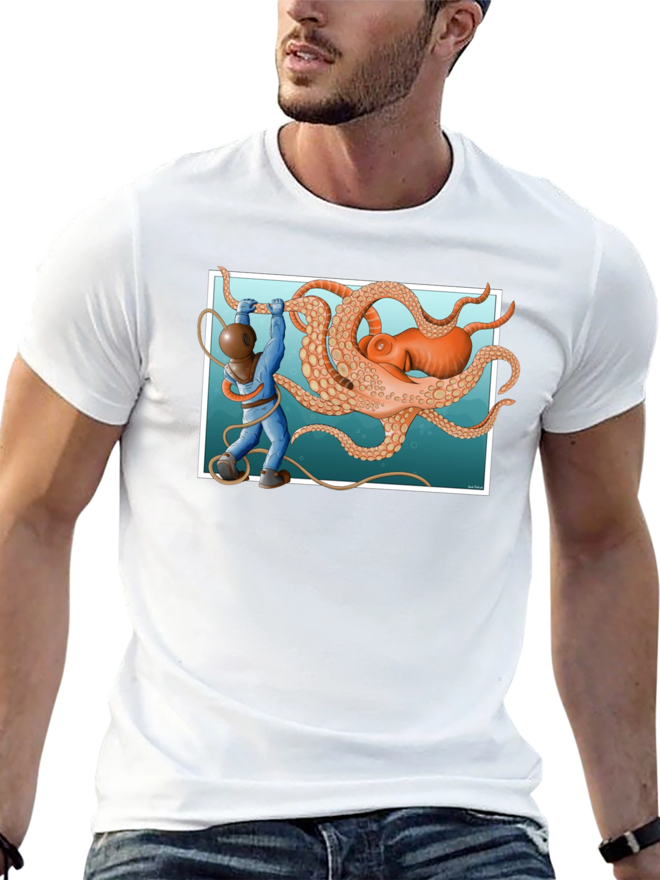 Diver vs. Octopus Graphic T-Shirt - Black