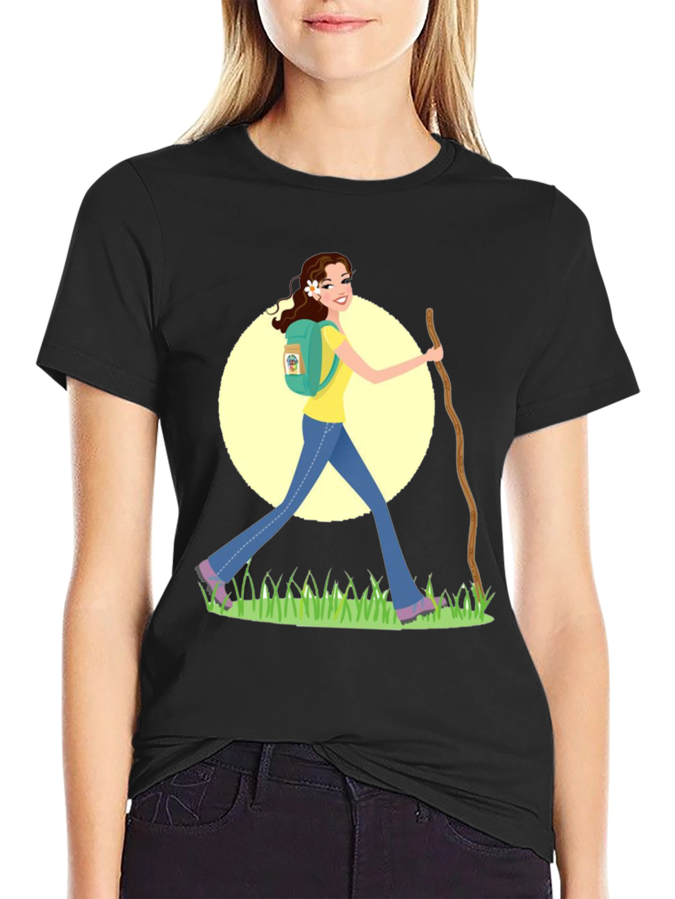 Hiking Woman Graphic Tee - Black Cotton Blend