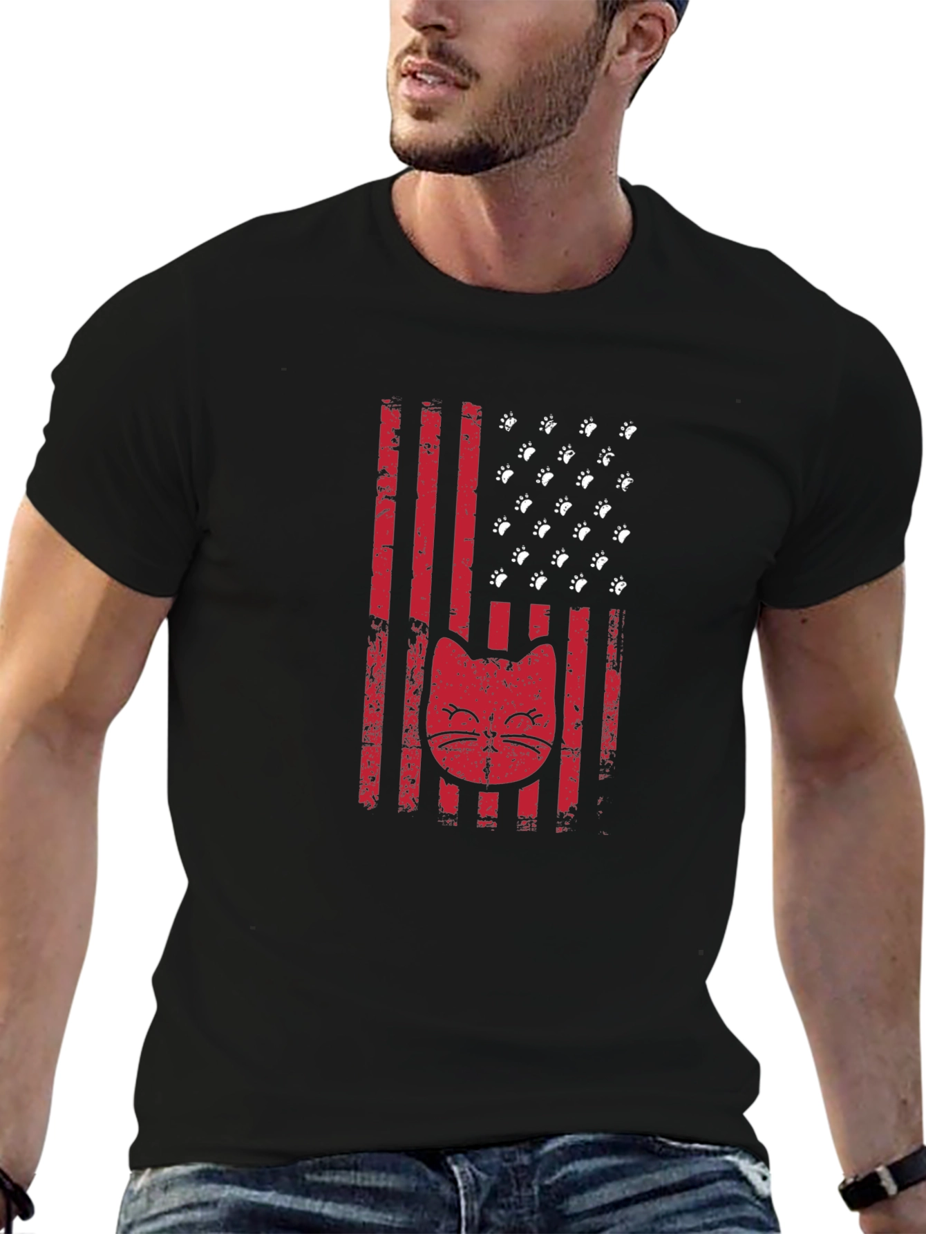 Patriotic Cat Paw Print American Flag Graphic T-Shirt