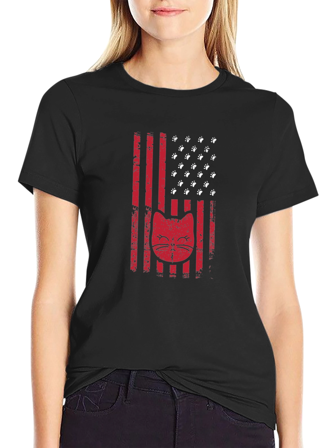 Patriotic Cat Paw Print American Flag Graphic T-Shirt