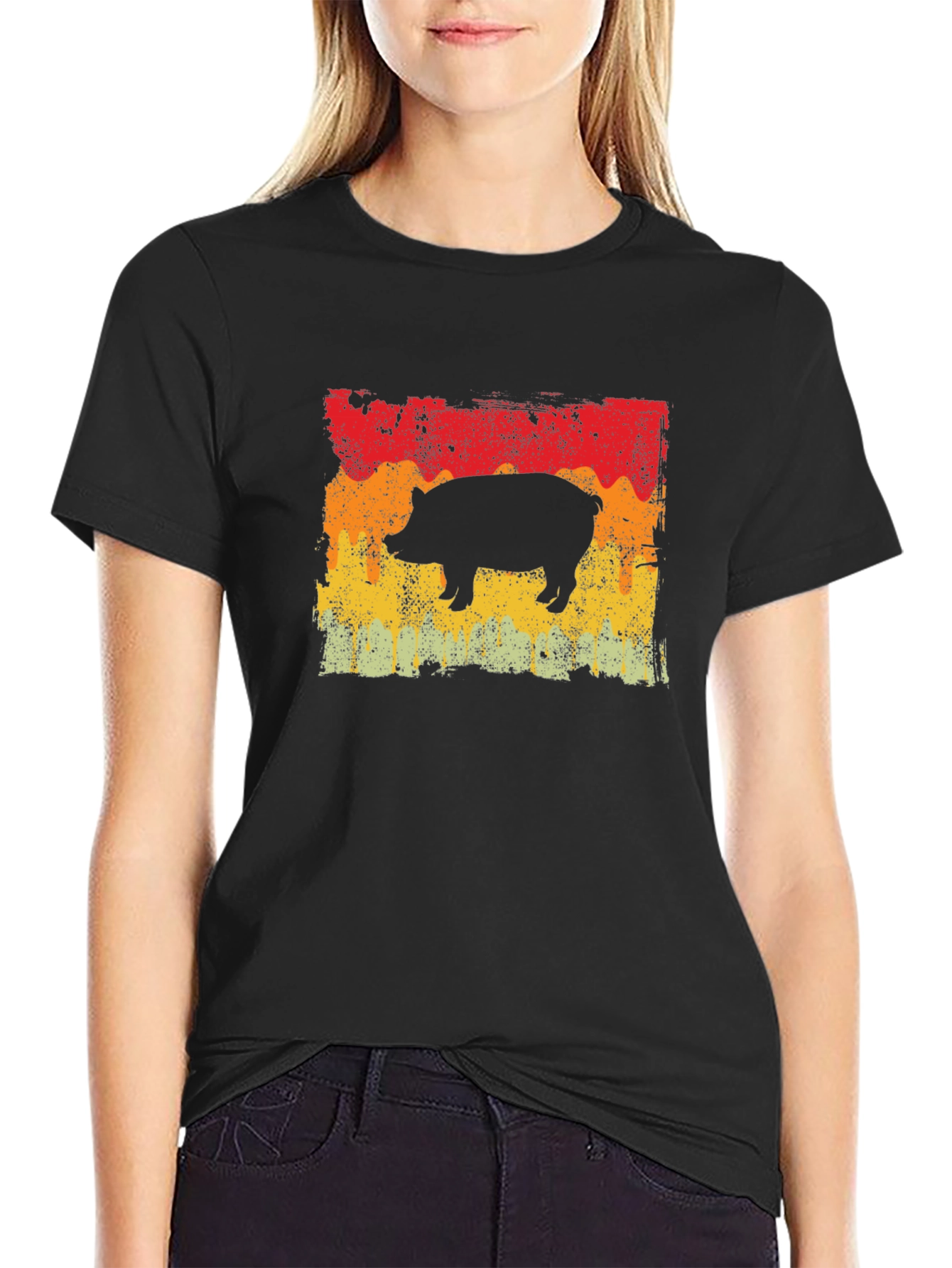 Retro Pig Graphic Tee - Black Cotton T-Shirt