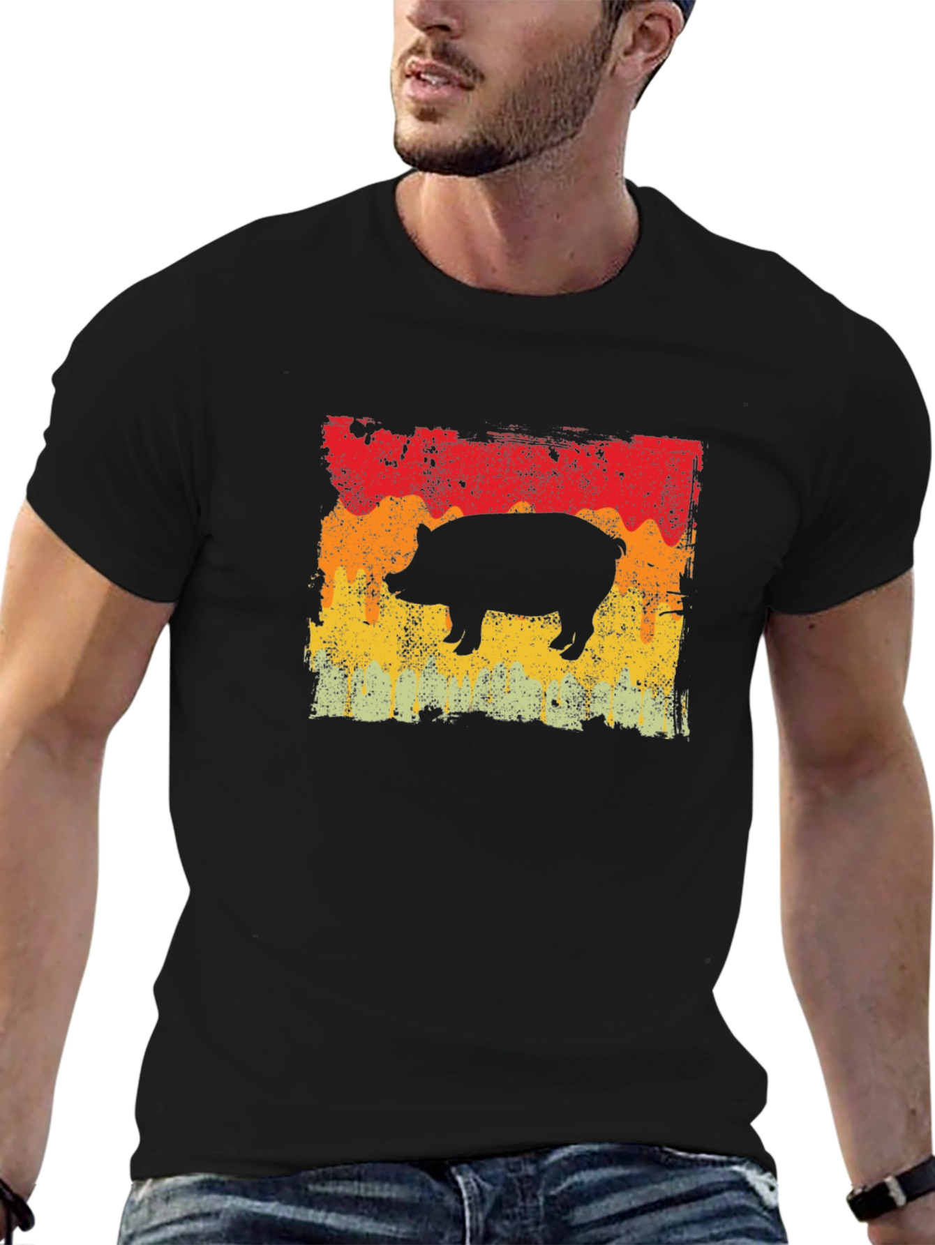 Retro Pig Graphic Tee - Black Cotton T-Shirt
