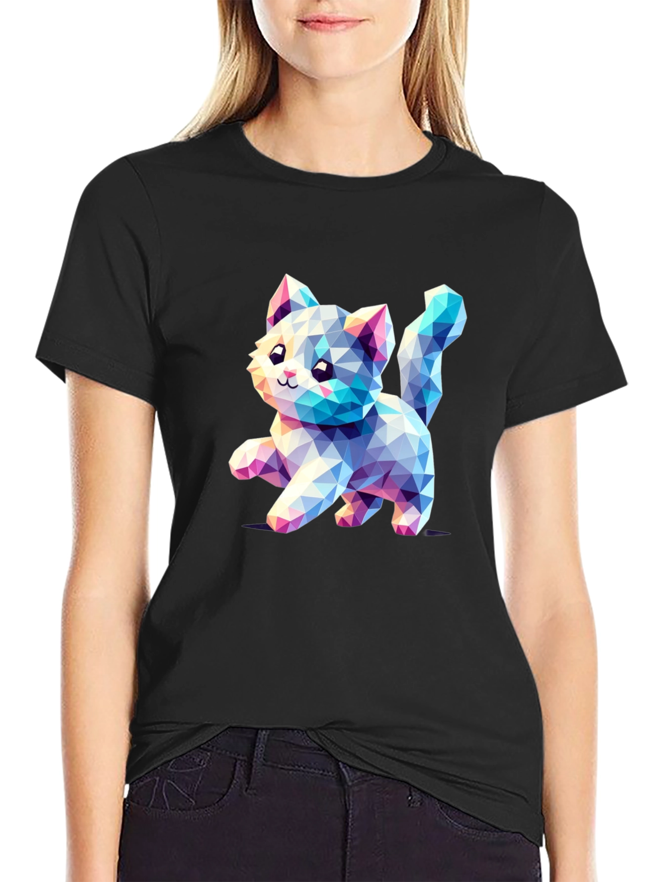 Geometric Kitten Black T-Shirt