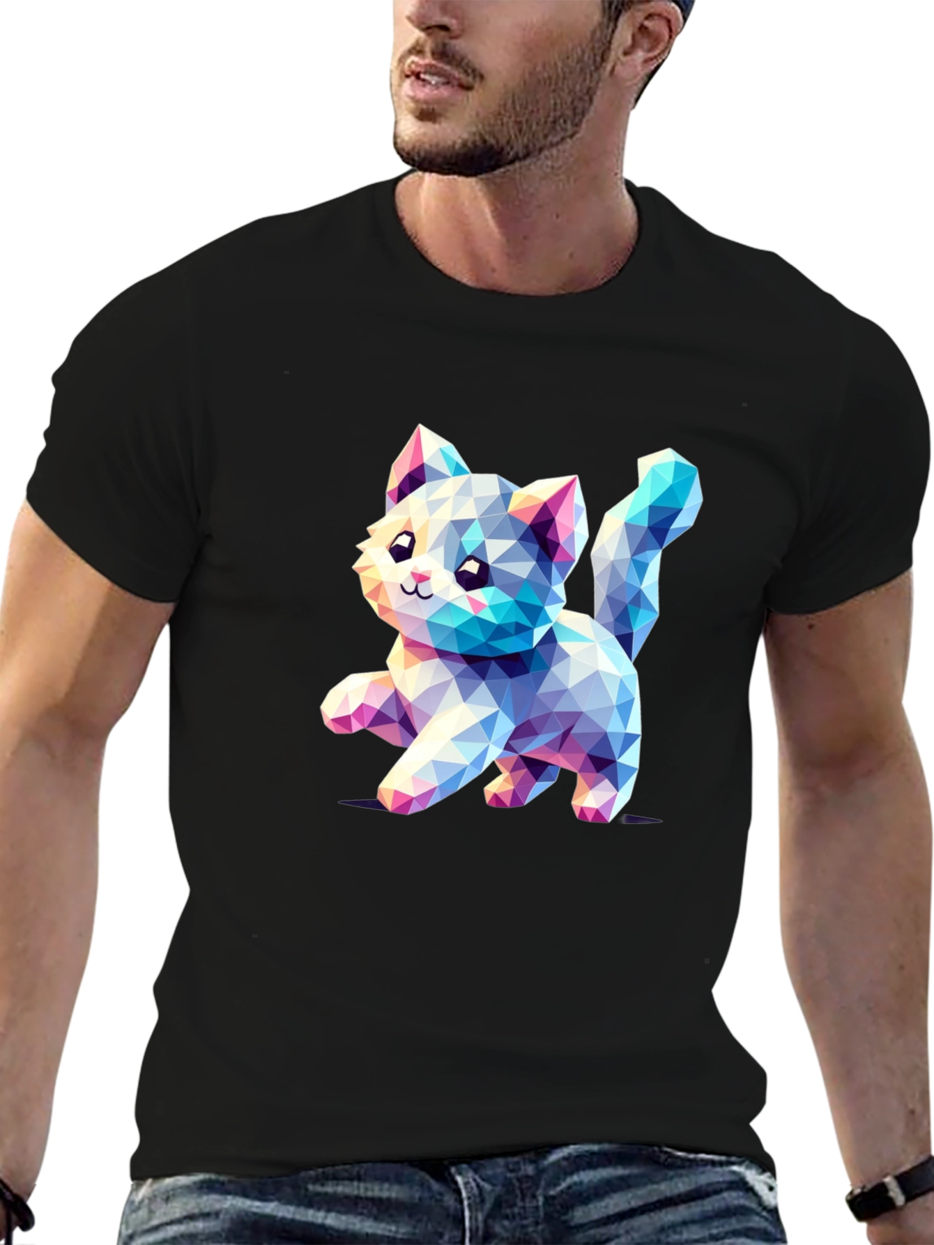 Geometric Kitten Black T-Shirt