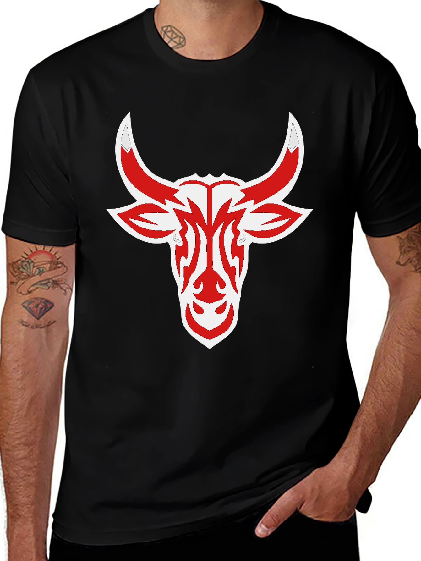 Black Tee with Red Bull Head Design