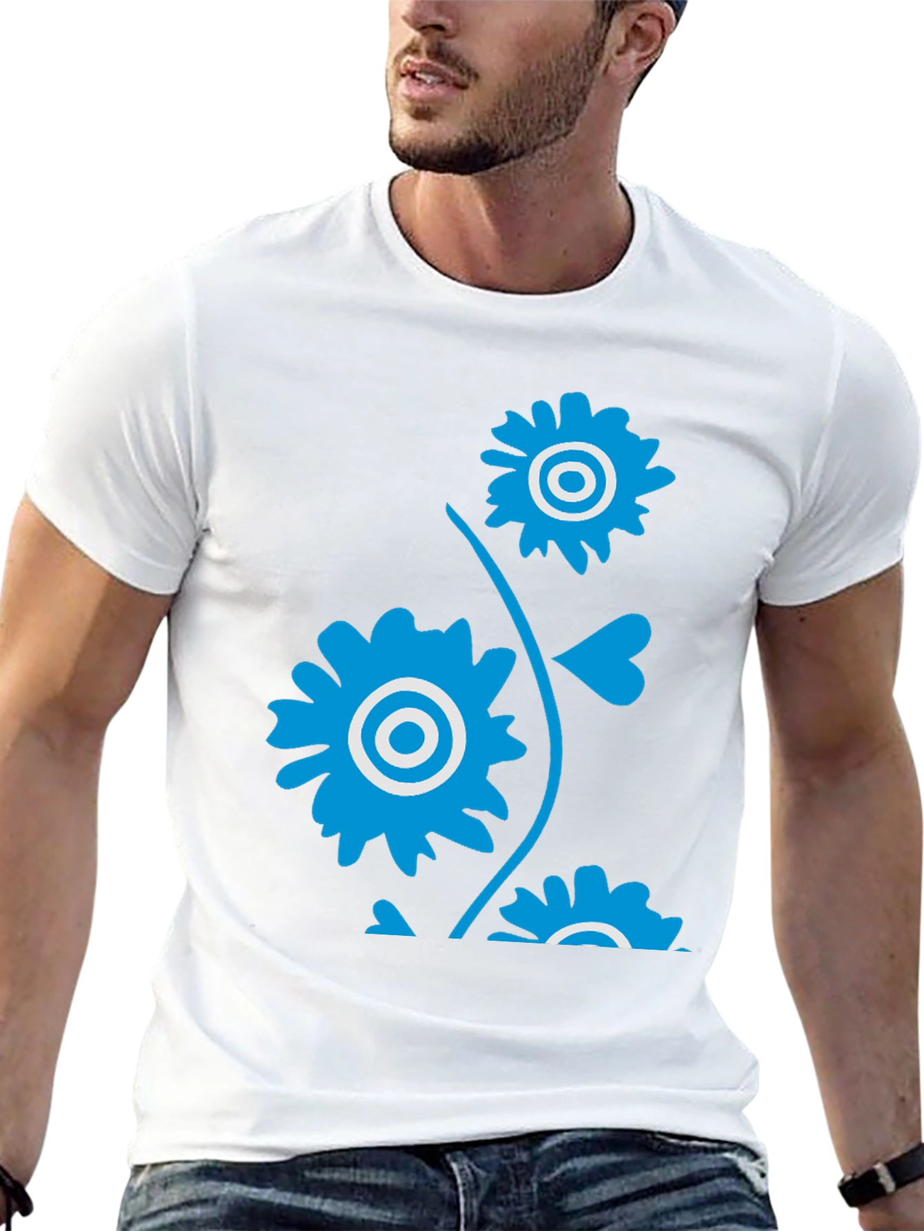 Mens Black T-Shirt with Blue Floral Design