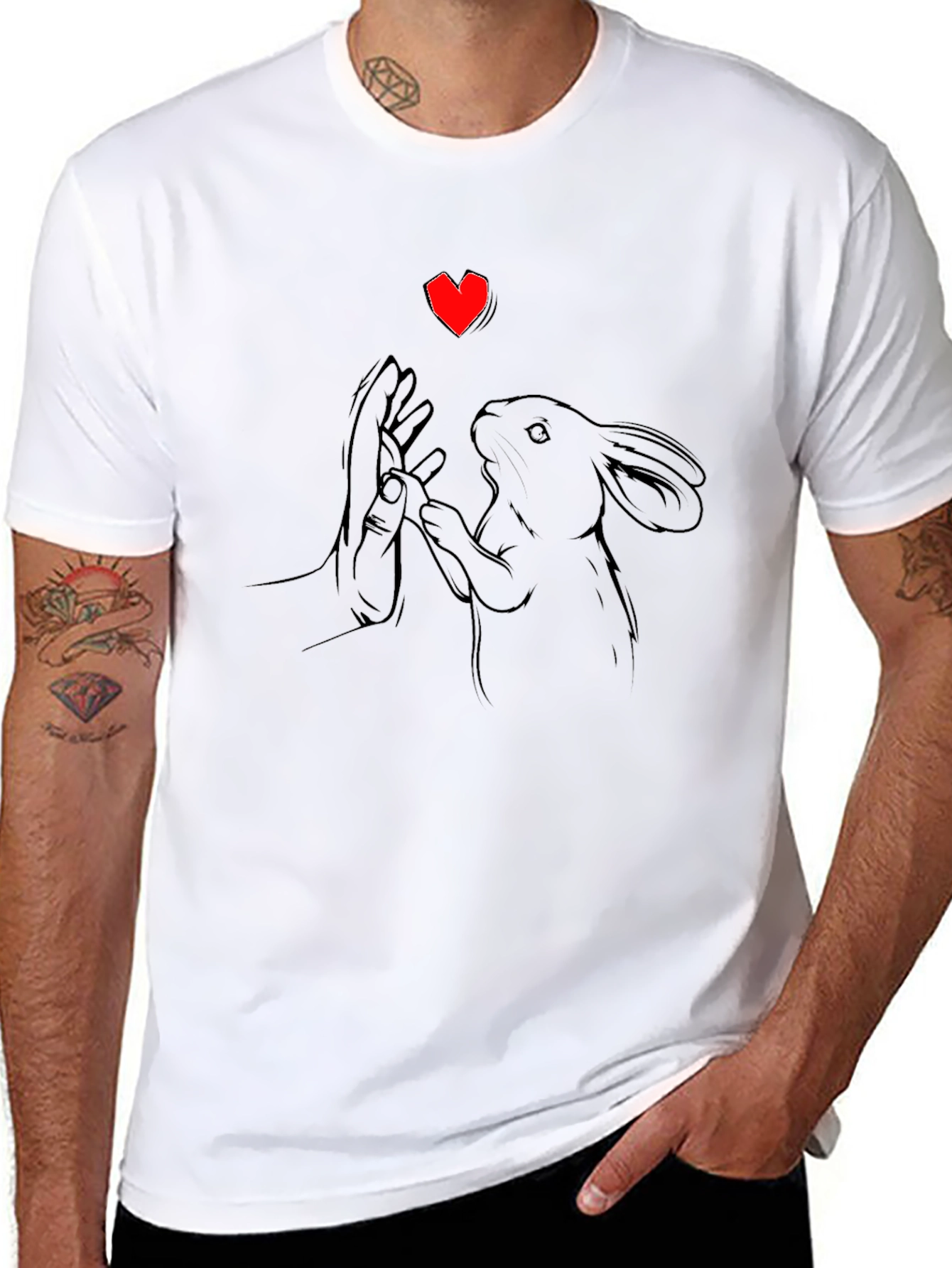Heart Rabbit Graphic Tee - Black Cotton T-Shirt