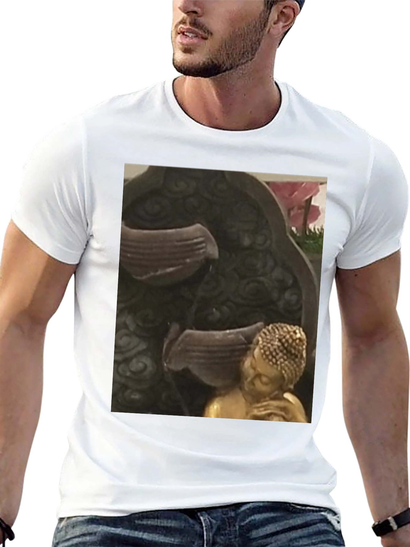 Buddha Fountain Black Tee - Zen Garden Style