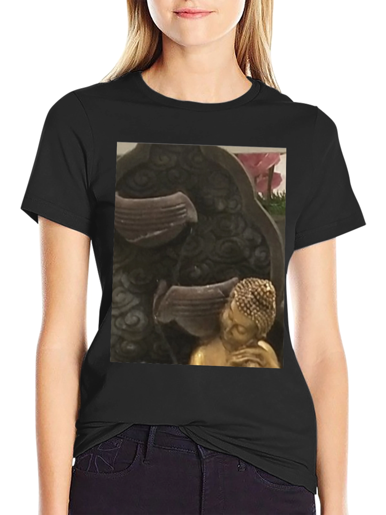 Buddha Fountain Black Tee - Zen Garden Style