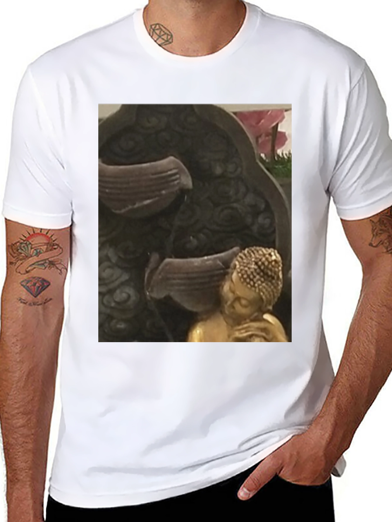 Buddha Fountain Black Tee - Zen Garden Style