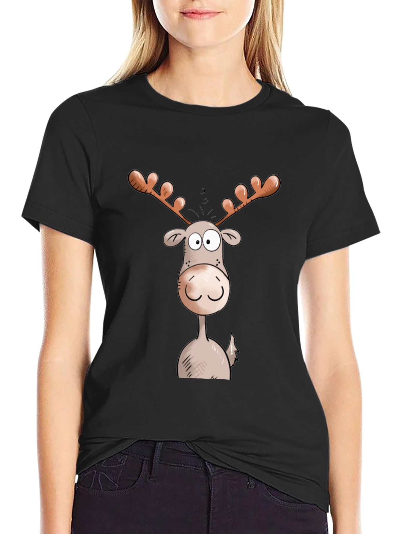 Moose Cartoon Graphic Tee - Black Cotton Blend