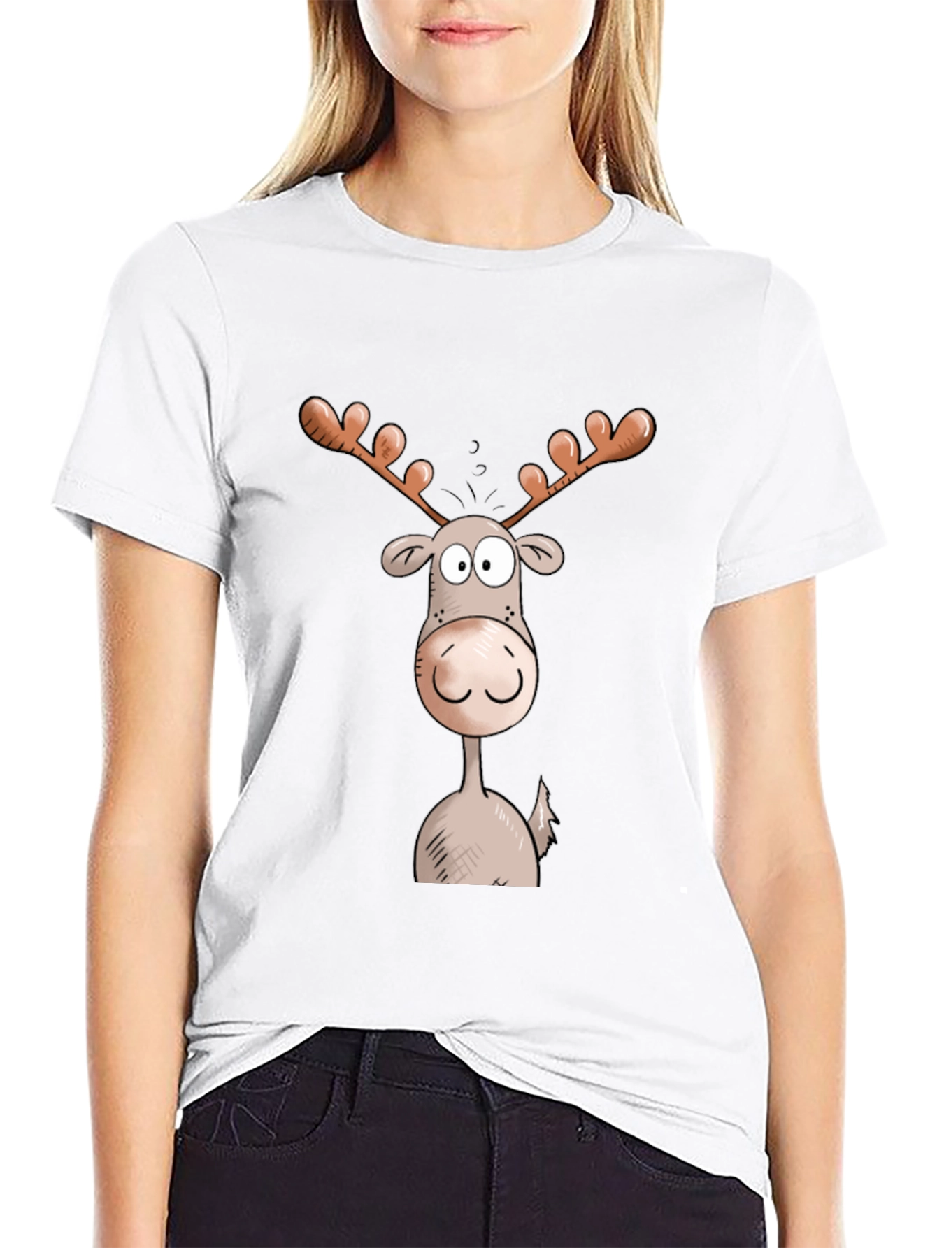Moose Cartoon Graphic Tee - Black Cotton Blend