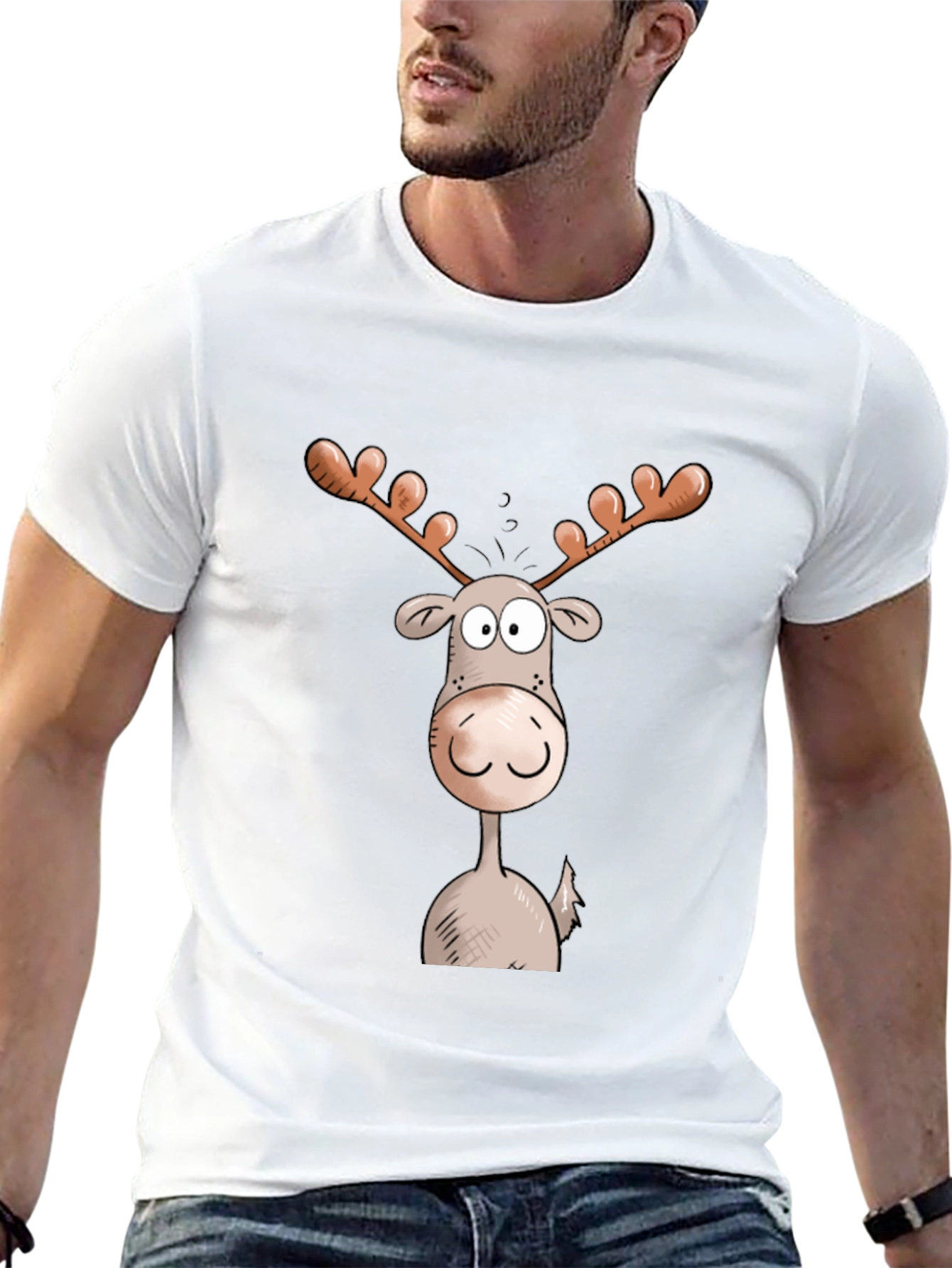 Moose Cartoon Graphic Tee - Black Cotton Blend