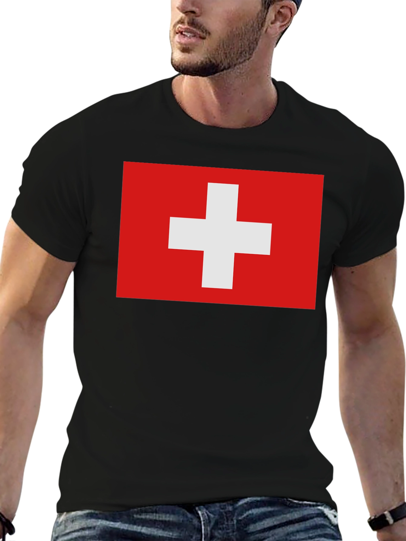 Swiss Flag T-Shirt - Black Graphic Tee