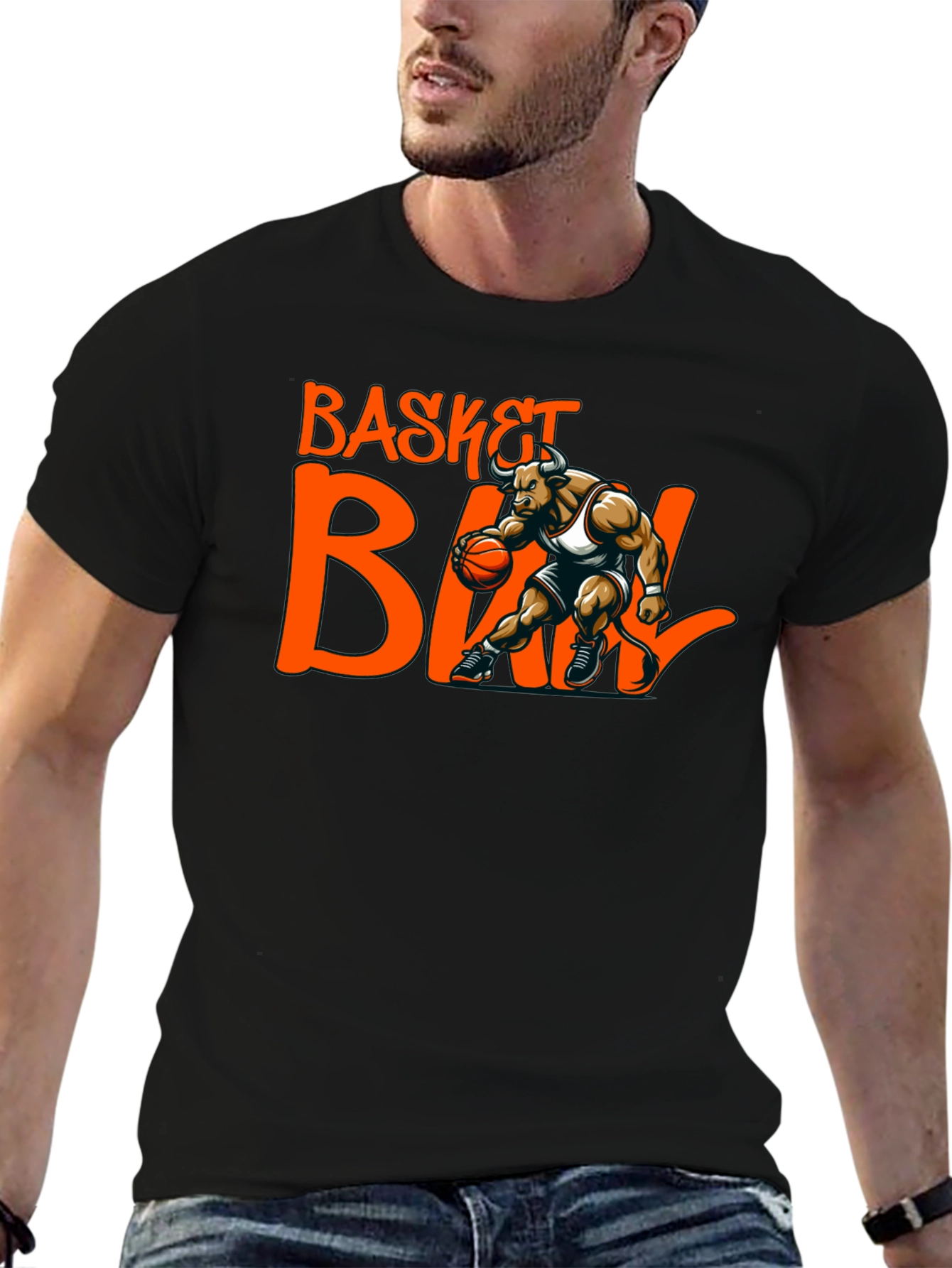 Basketball Bull Graphic Tee - Black Cotton T-Shirt