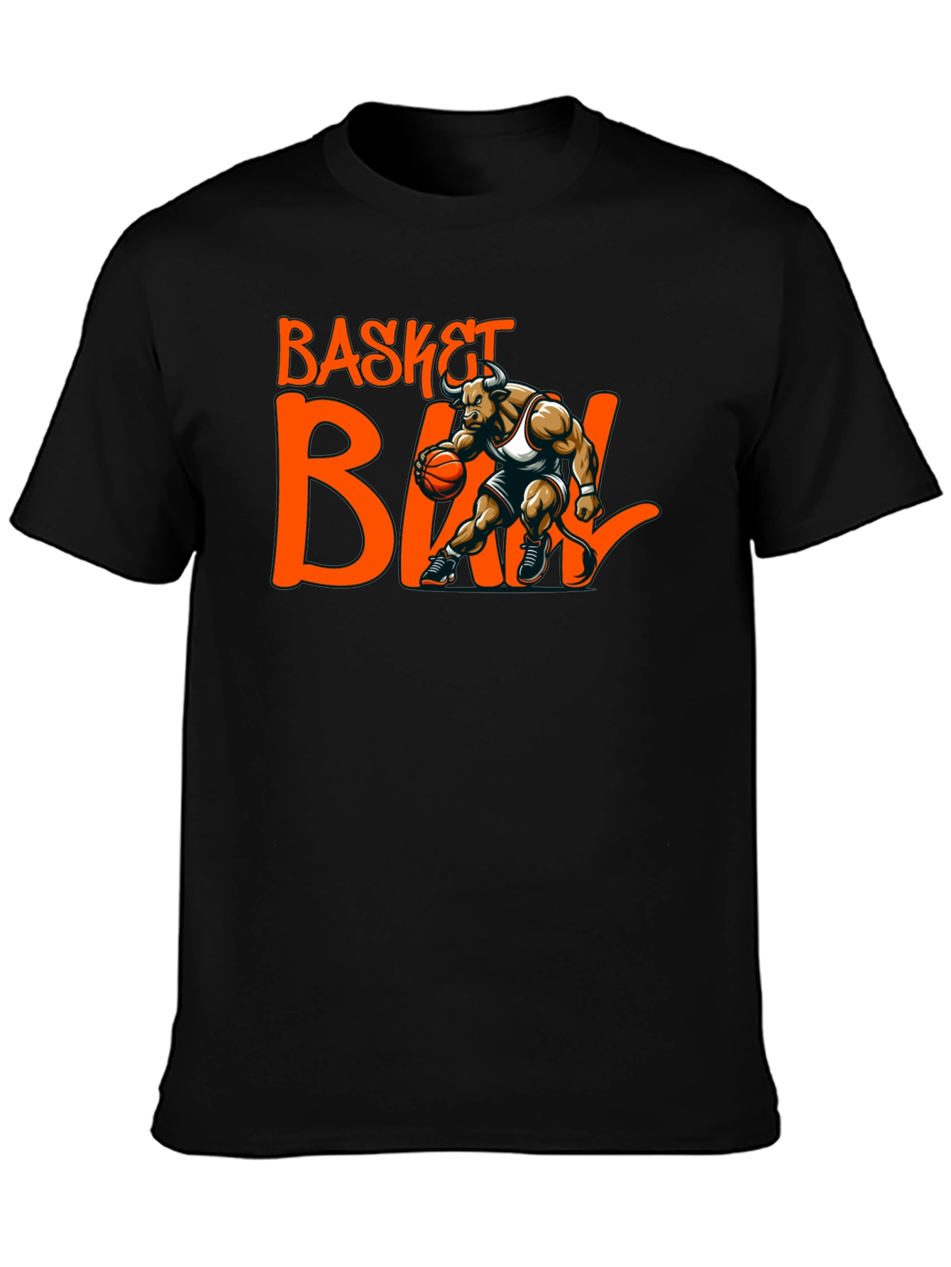 Basketball Bull Graphic Tee - Black Cotton T-Shirt