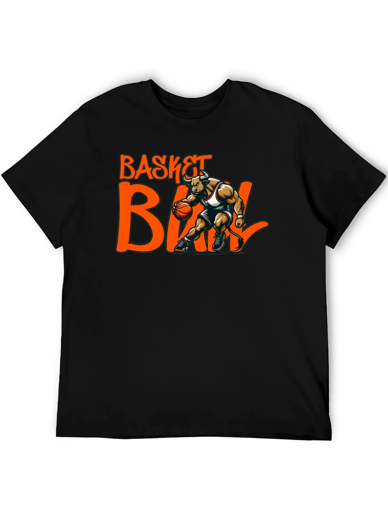 Basketball Bull Graphic Tee - Black Cotton T-Shirt