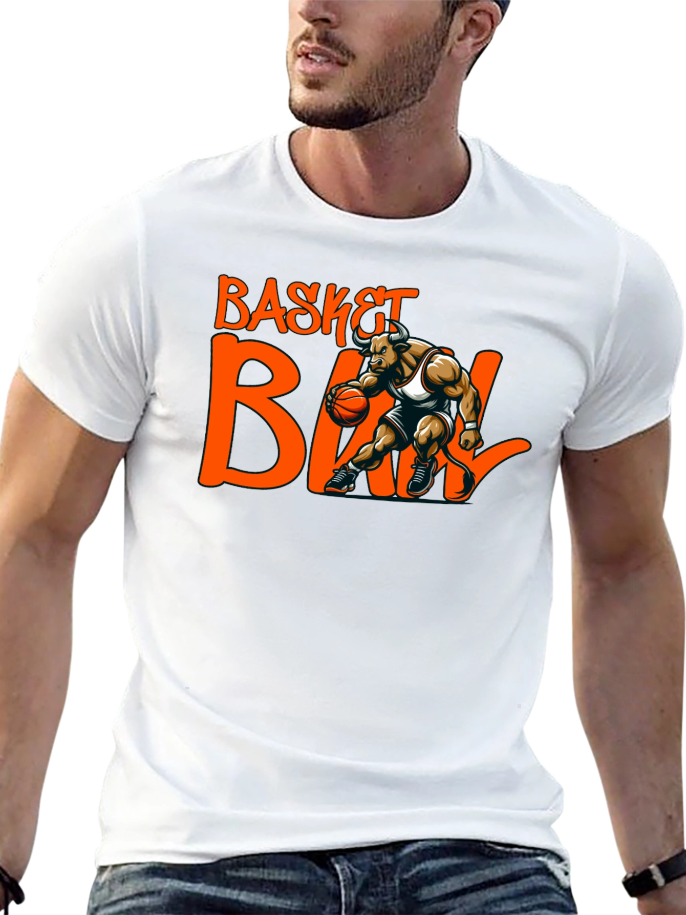 Basketball Bull Graphic Tee - Black Cotton T-Shirt