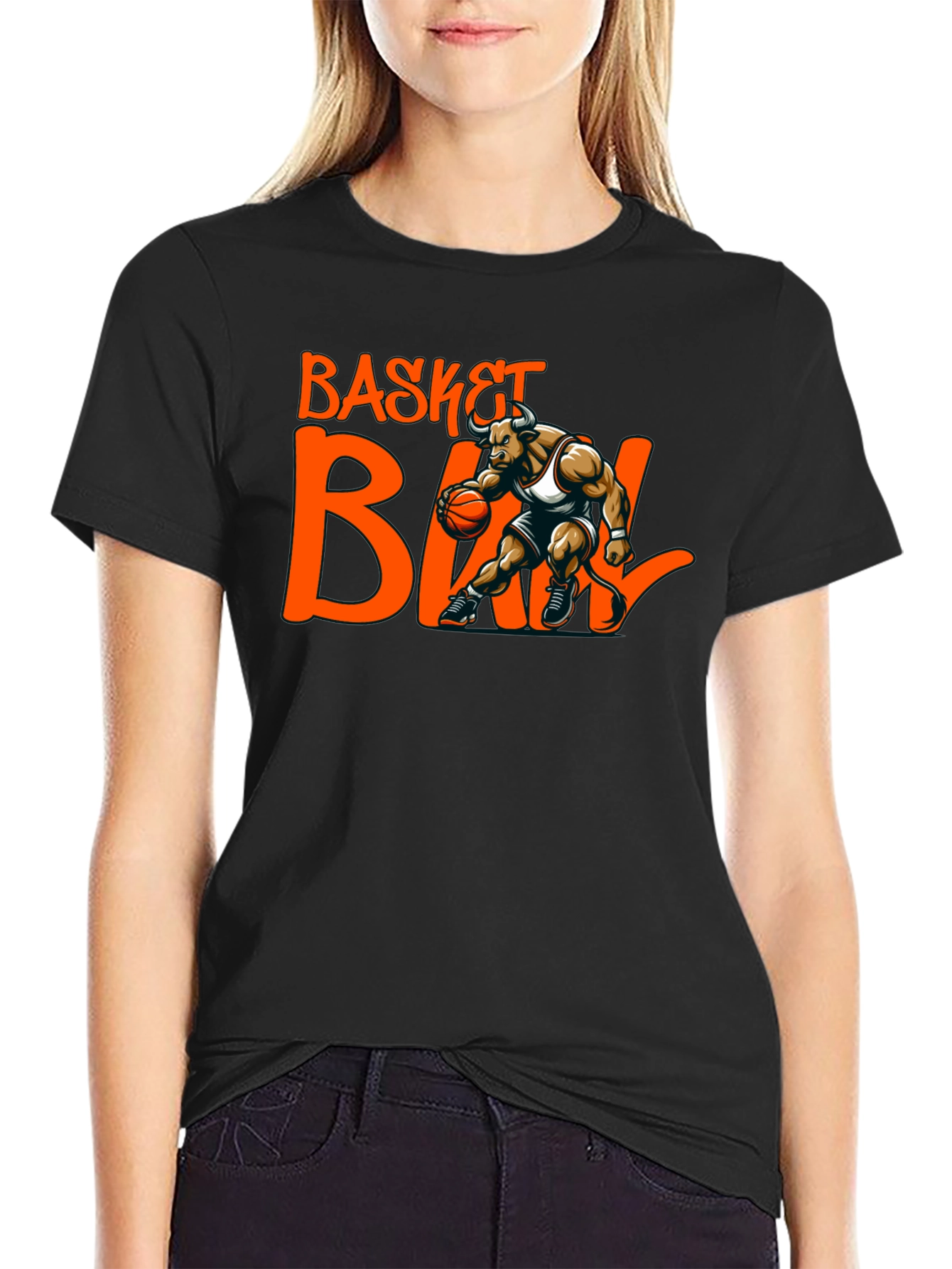 Basketball Bull Graphic Tee - Black Cotton T-Shirt