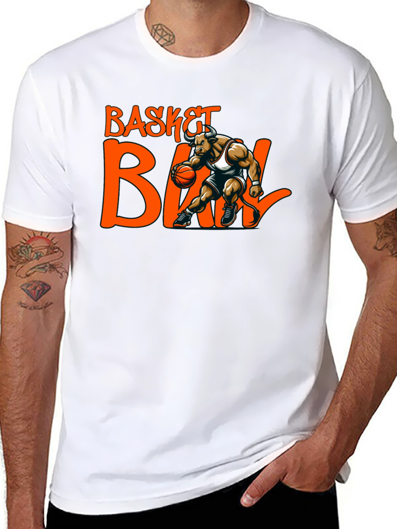 Basketball Bull Graphic Tee - Black Cotton T-Shirt