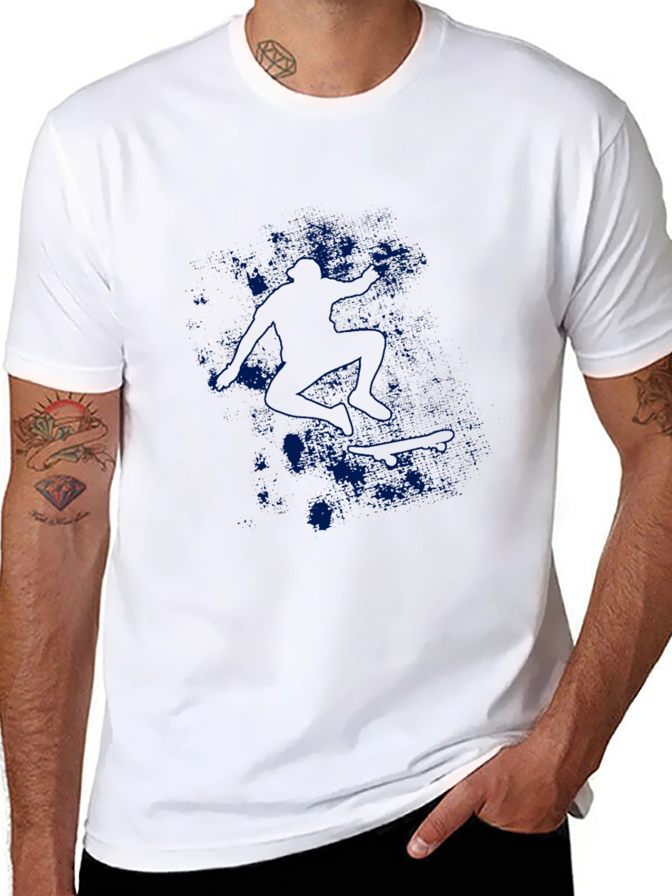 Mens Black Graphic Tee - Blue Skateboarder Design