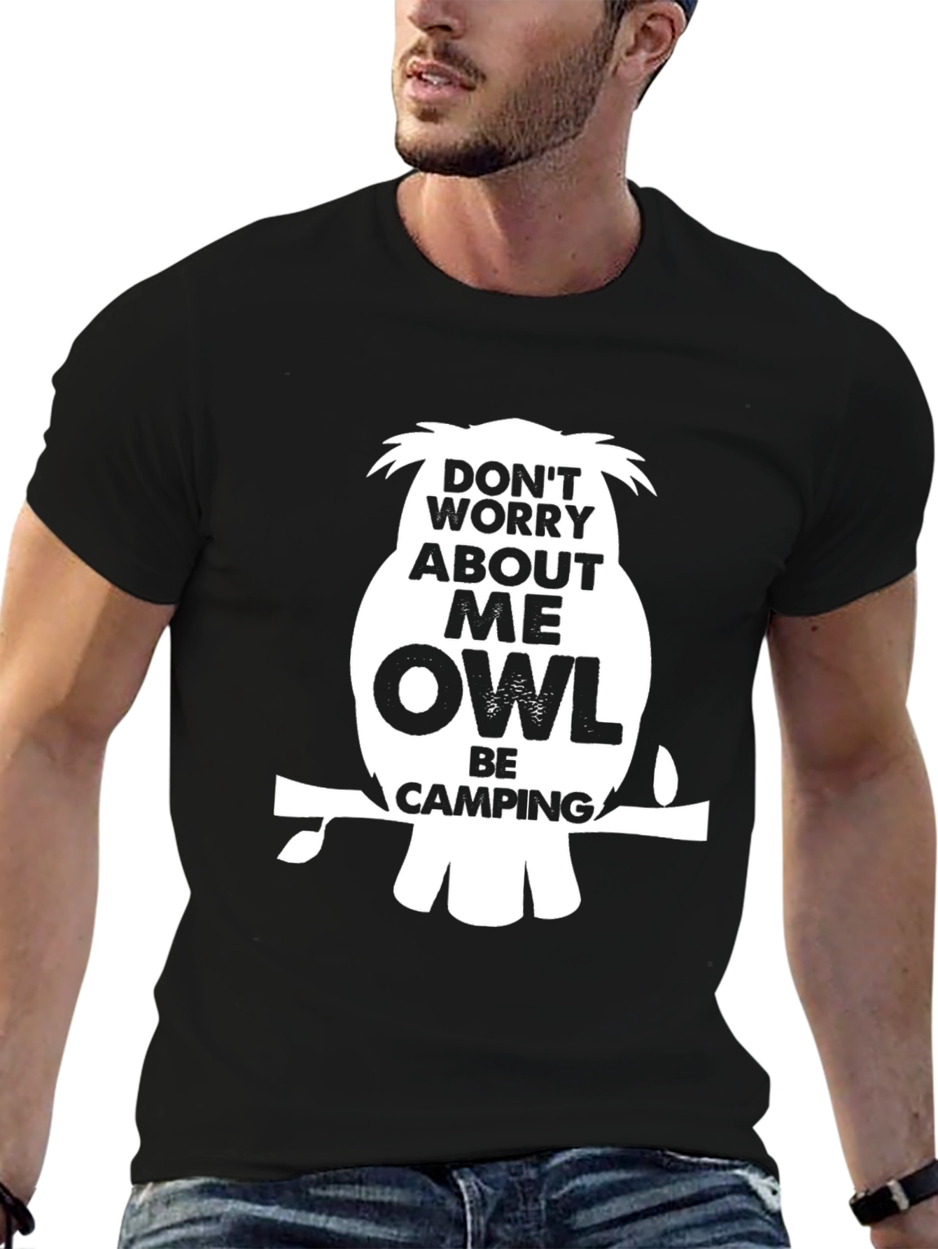 Funny Owl Camping Graphic T-Shirt - Black