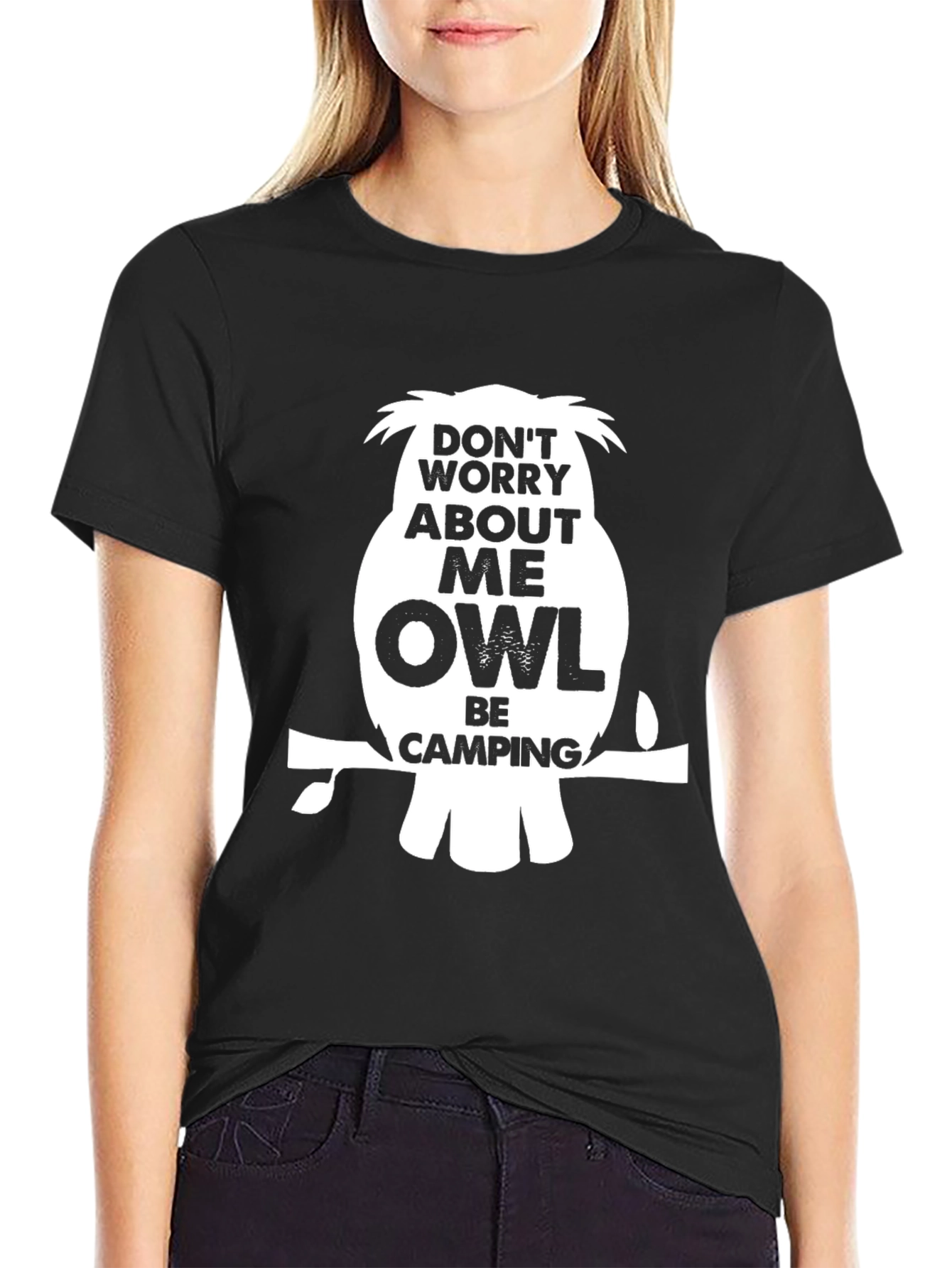 Funny Owl Camping Graphic T-Shirt - Black