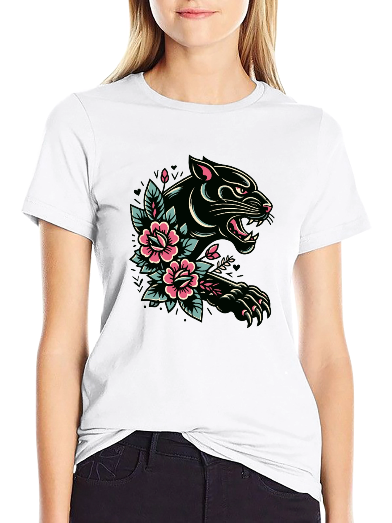 Black Panther Floral Tattoo Graphic T-Shirt