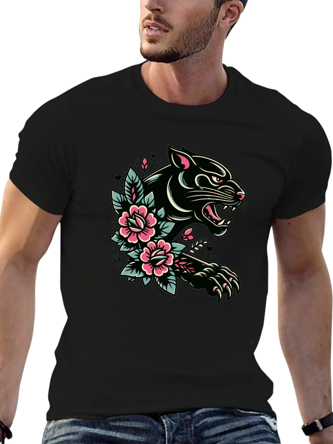 Black Panther Floral Tattoo Graphic T-Shirt