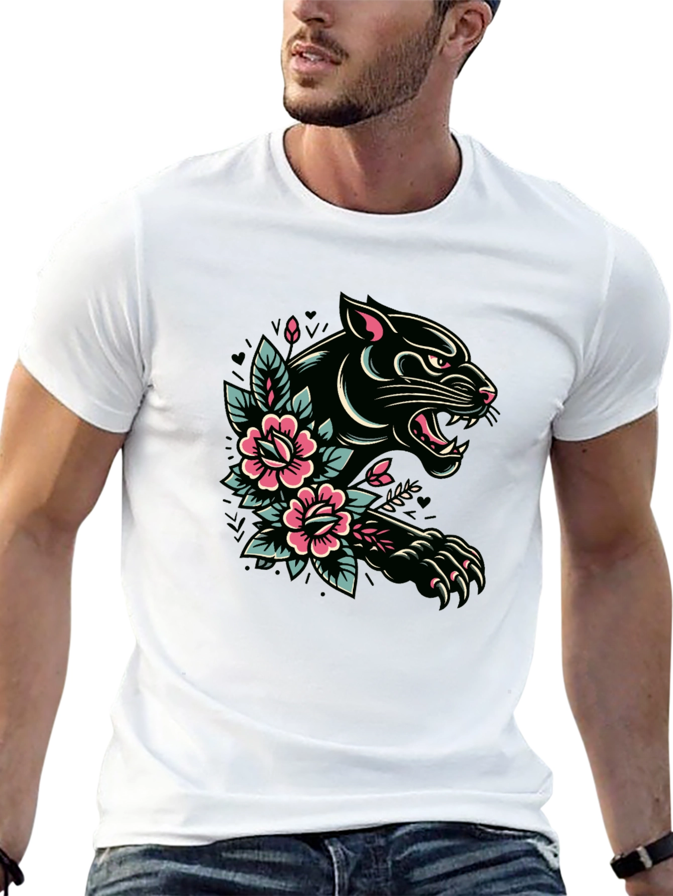 Black Panther Floral Tattoo Graphic T-Shirt