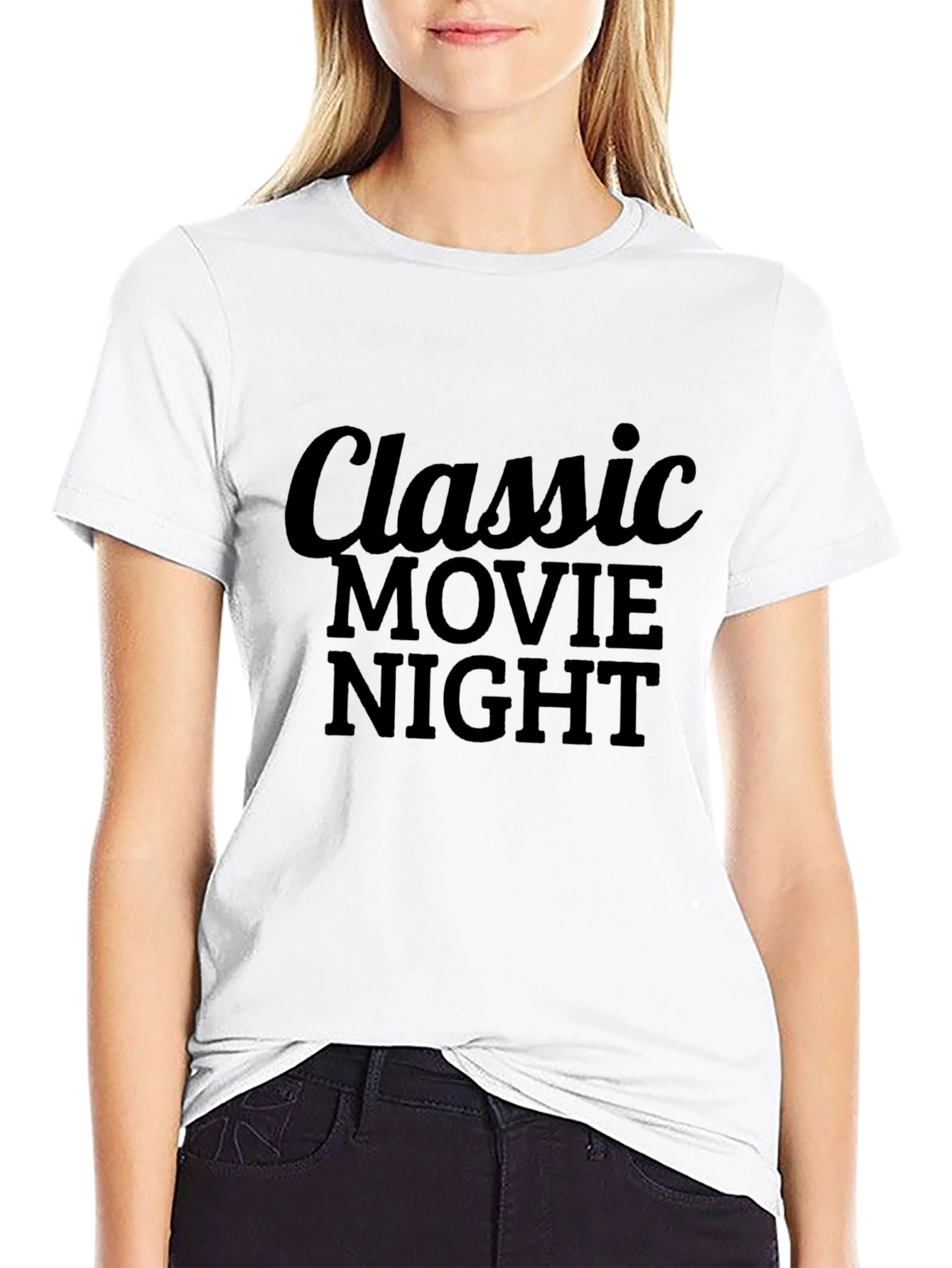 Classic Movie Night Graphic Tee - Black Cotton T-Shirt