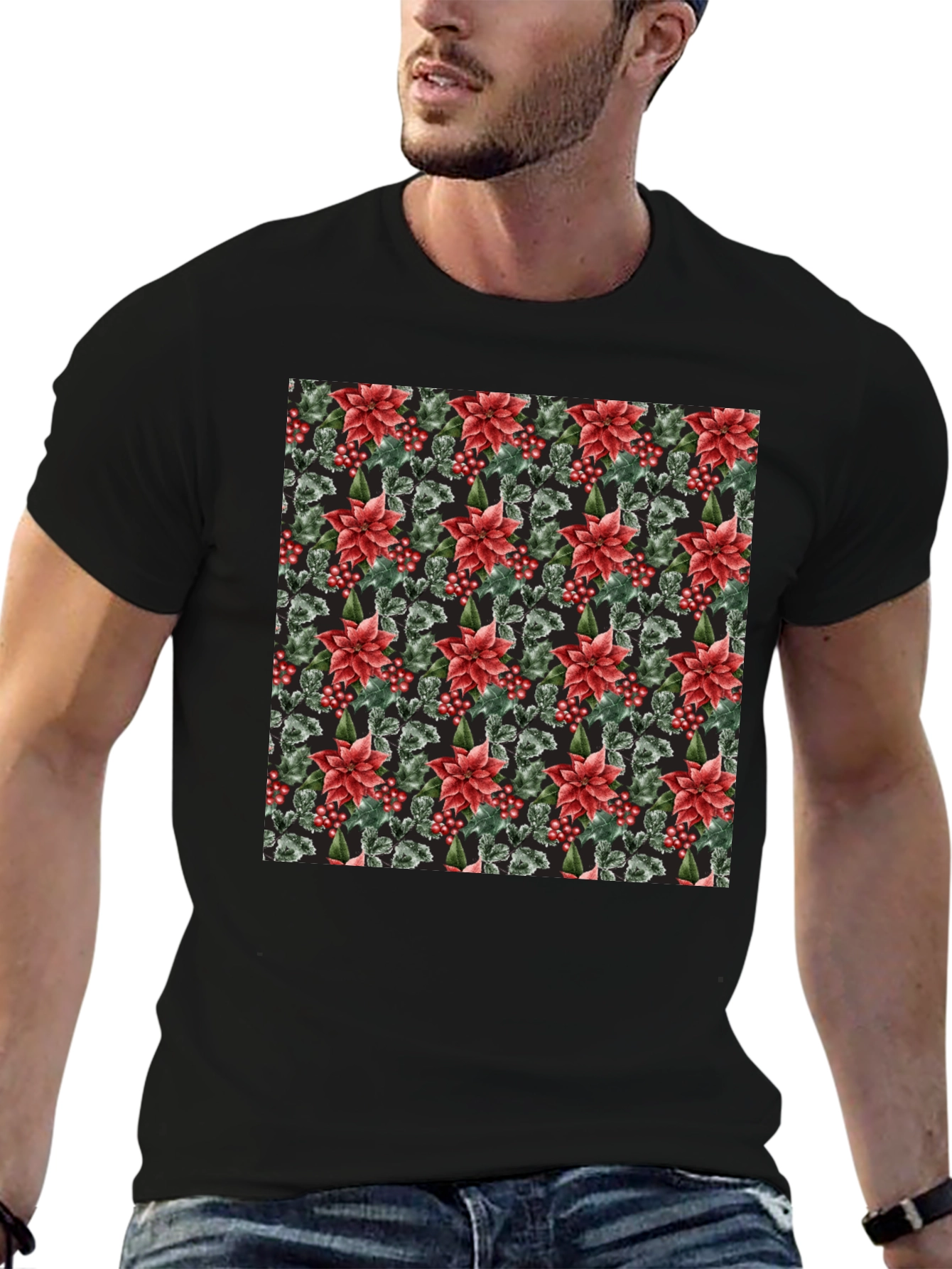 Floral Poinsettia Print Black T-Shirt