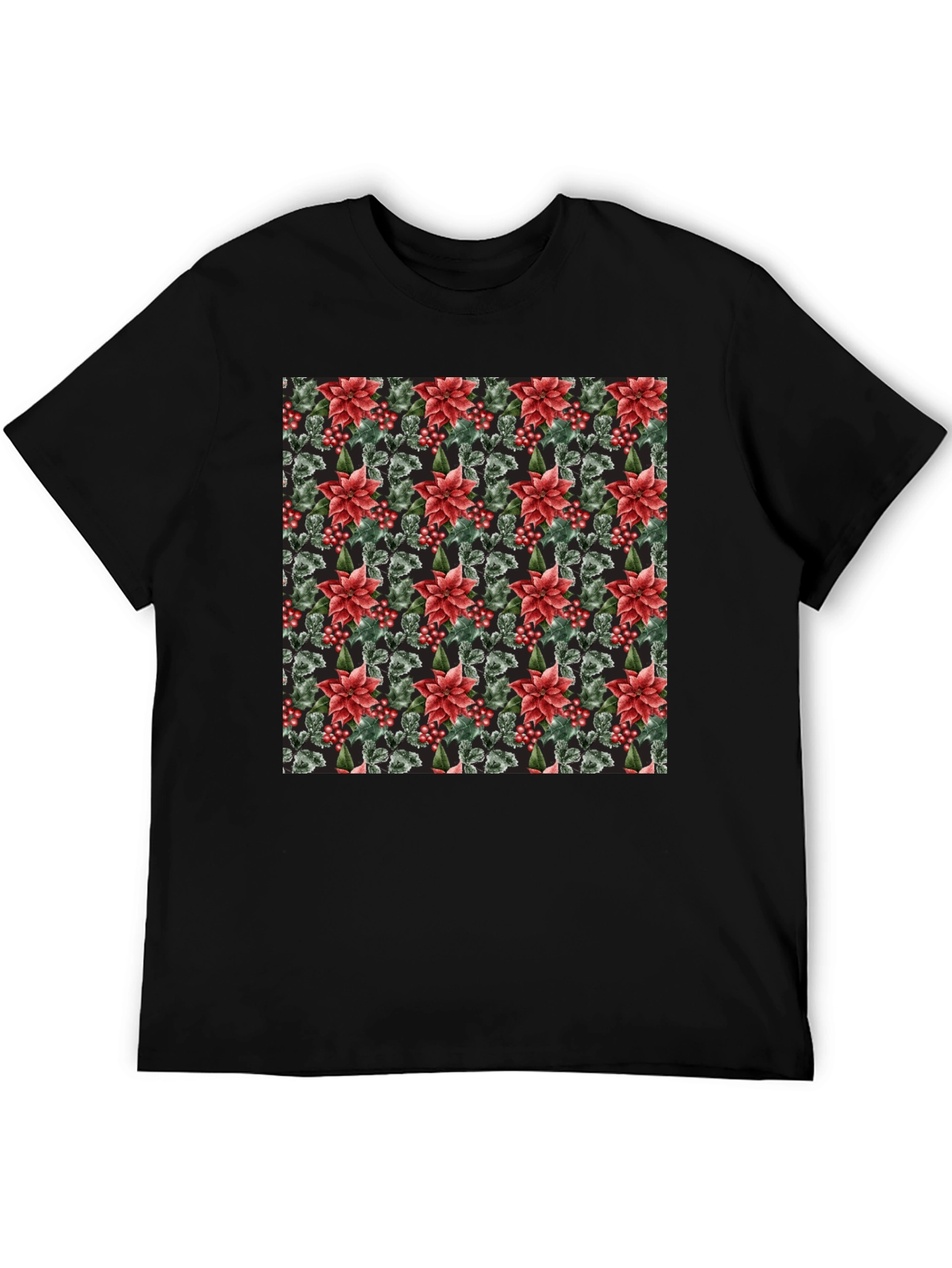 Floral Poinsettia Print Black T-Shirt